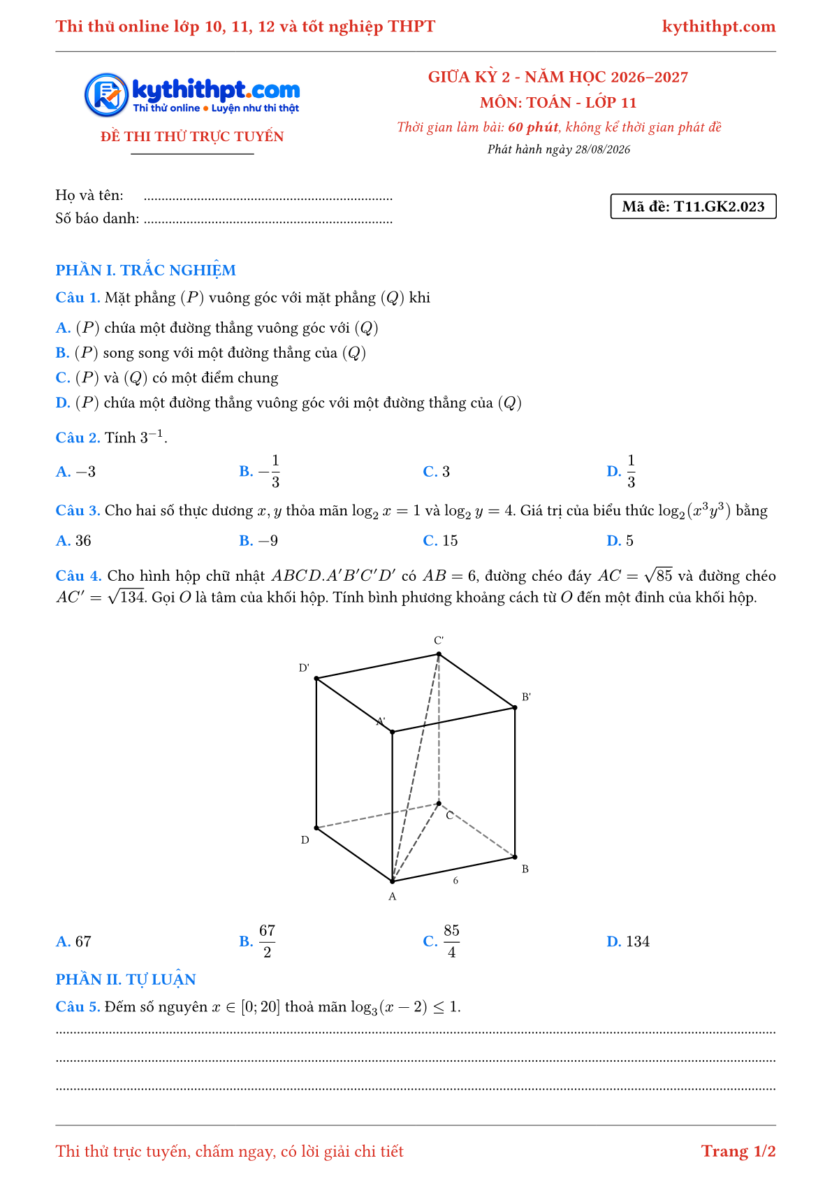 Trang đầu Đề thi thử online giữa kỳ 2 môn Toán lớp 11 - trắc nghiệm + tự luận nâng cao - đề 023