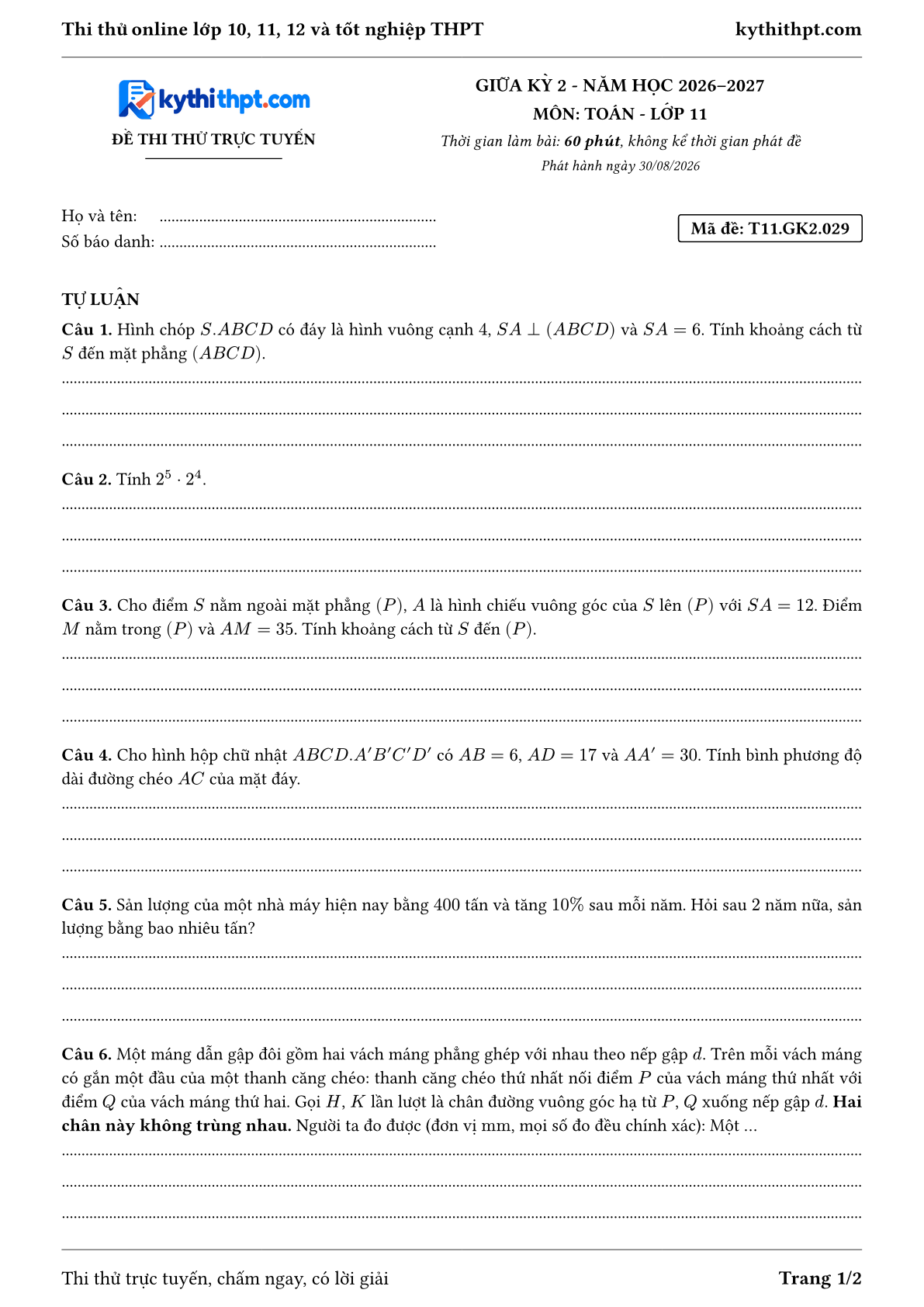 Trang đầu Đề thi thử online giữa kỳ 2 môn Toán lớp 11 - full tự luận - đề 029