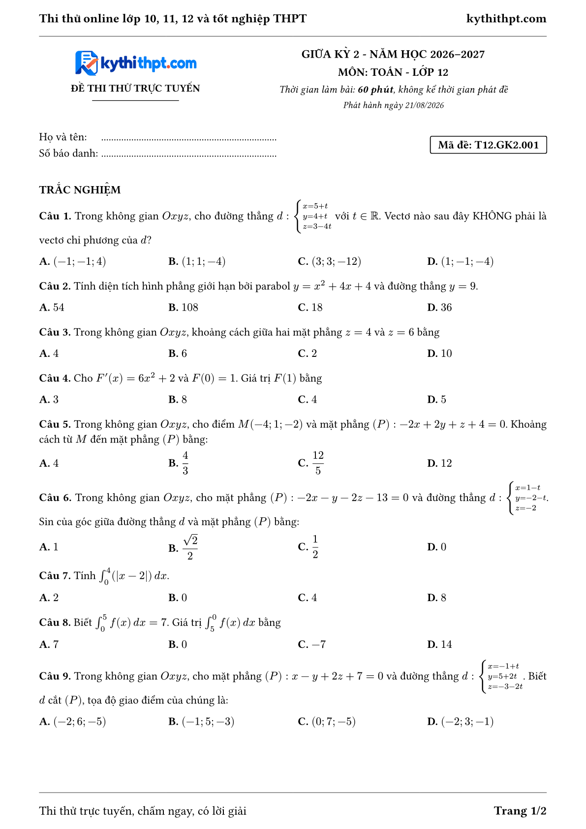 Trang đầu Đề thi thử online giữa kỳ 2 môn Toán lớp 12 - full trắc nghiệm - đề 001