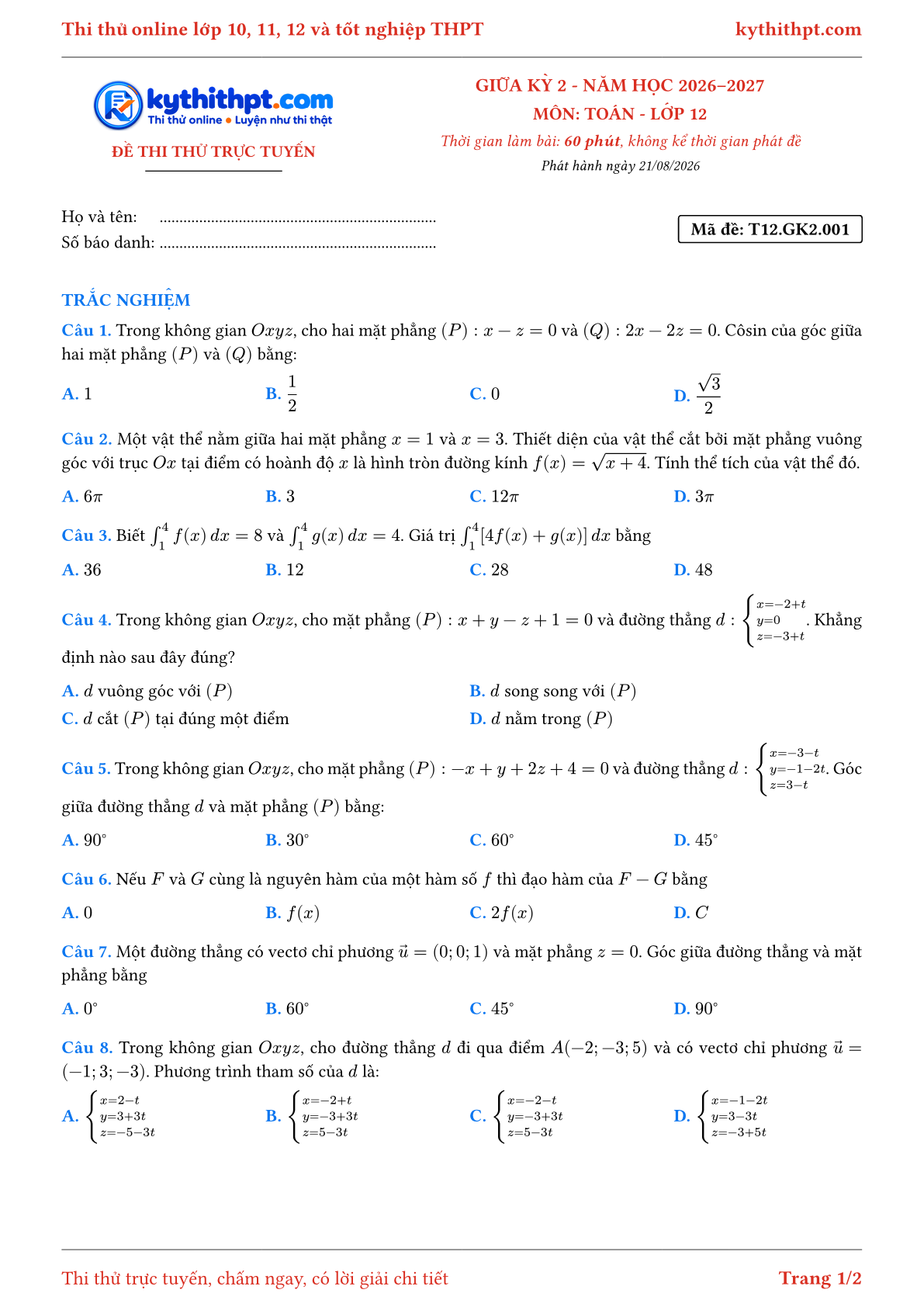 Trang đầu Đề thi thử online giữa kỳ 2 môn Toán lớp 12 - full trắc nghiệm - đề 001