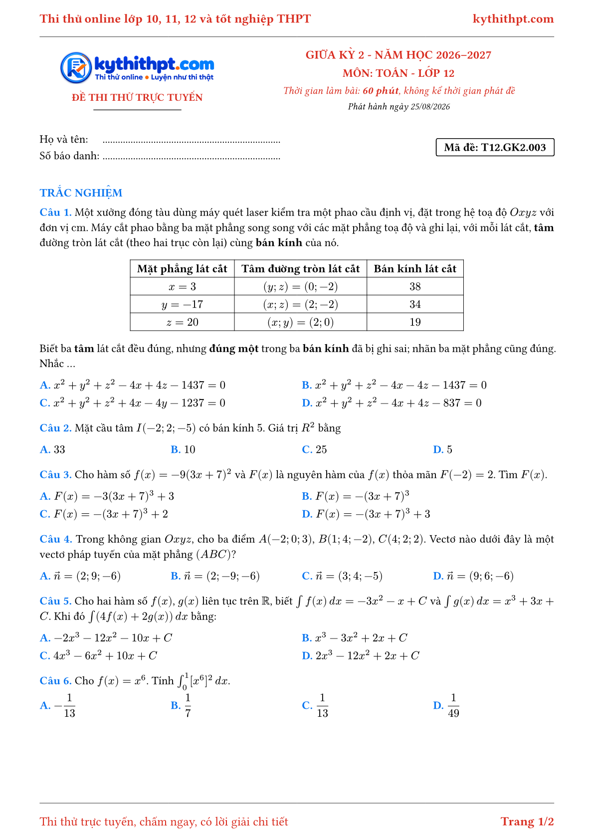 Trang đầu Đề thi thử online giữa kỳ 2 môn Toán lớp 12 - full trắc nghiệm - đề 003