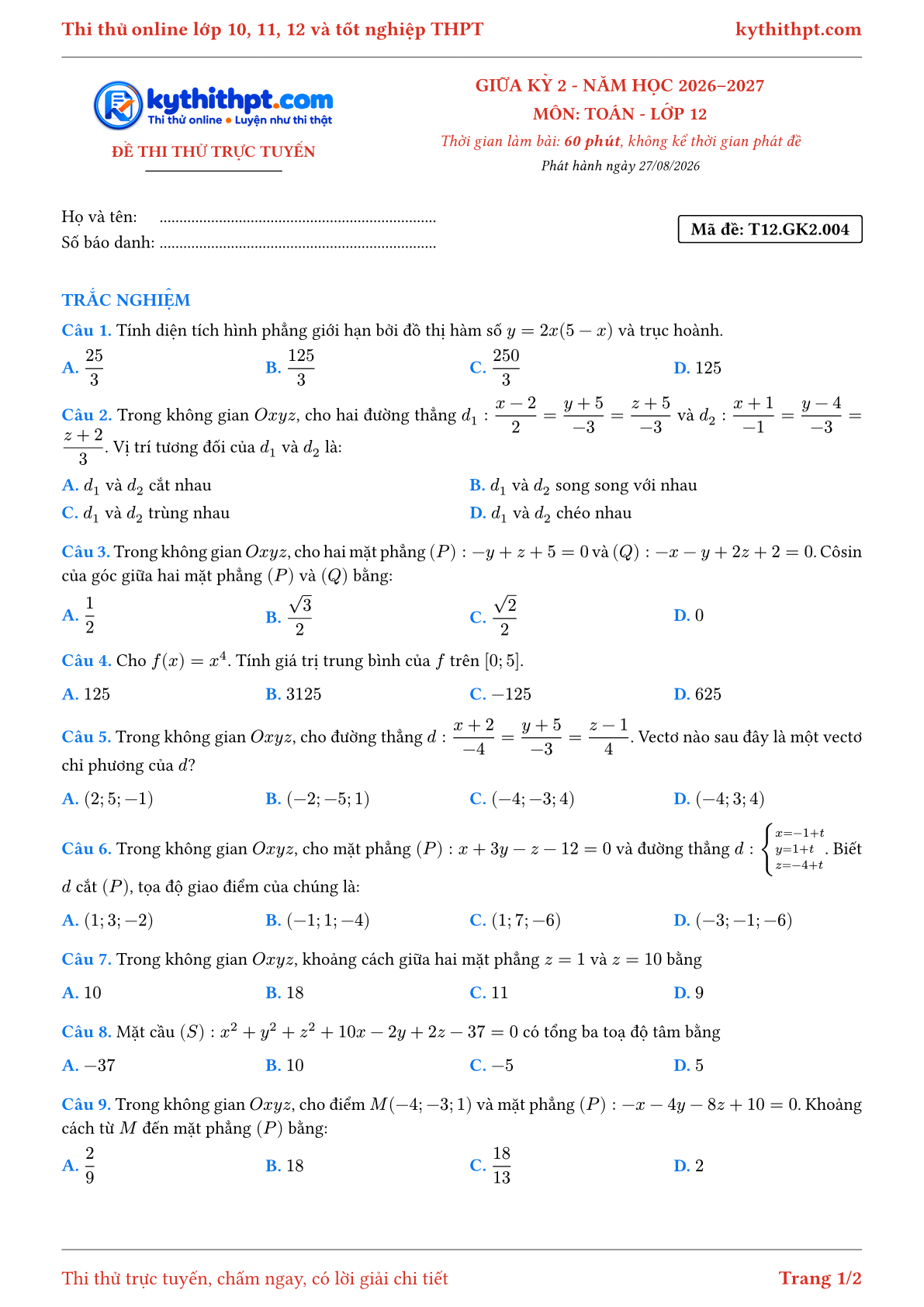 Trang đầu Đề thi thử online giữa kỳ 2 môn Toán lớp 12 - full trắc nghiệm - đề 004