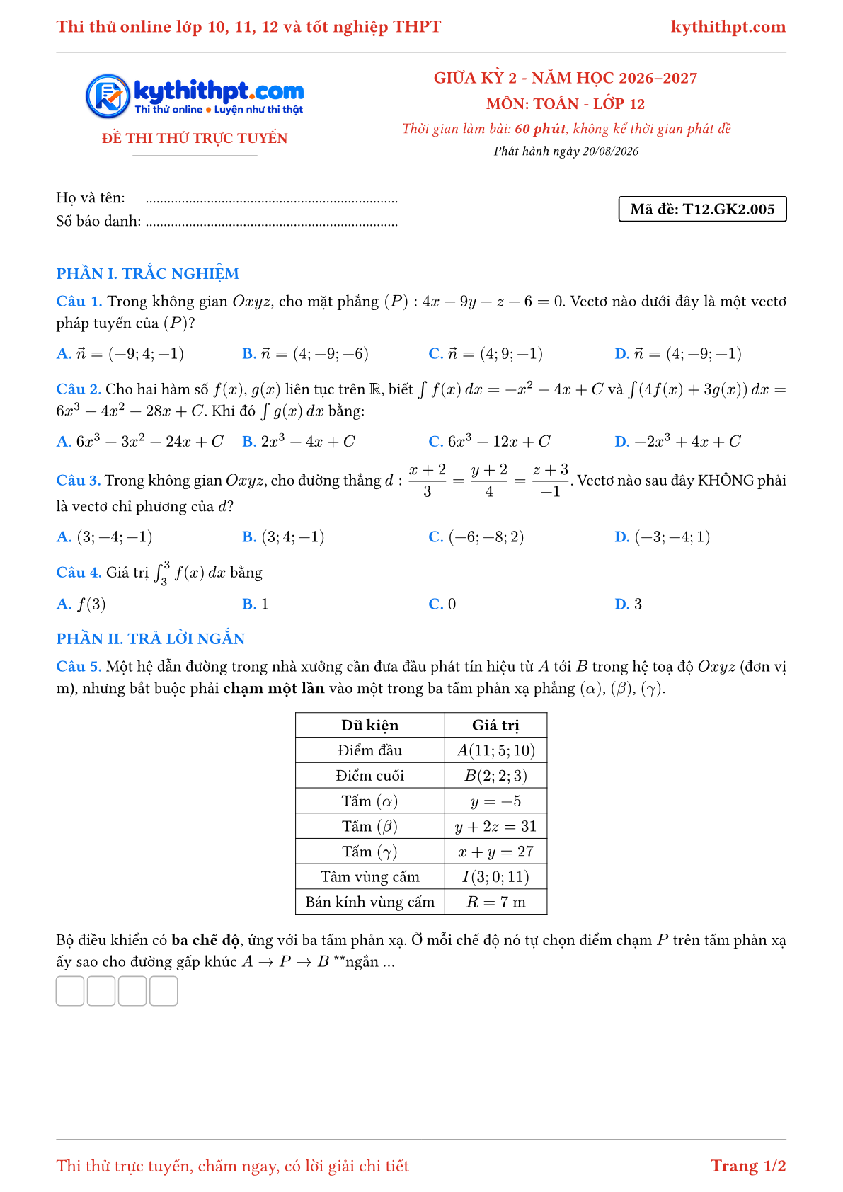 Trang đầu Đề thi thử online giữa kỳ 2 môn Toán lớp 12 - trắc nghiệm + trả lời ngắn + tự luận - đề 005