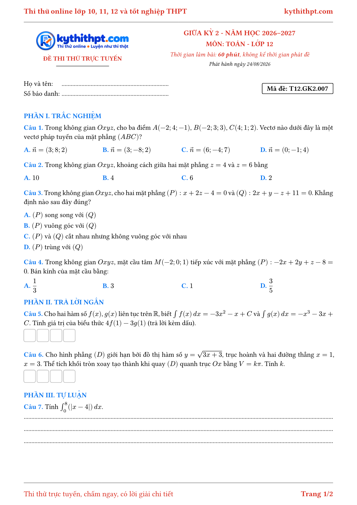Trang đầu Đề thi thử online giữa kỳ 2 môn Toán lớp 12 - trắc nghiệm + trả lời ngắn + tự luận - đề 007