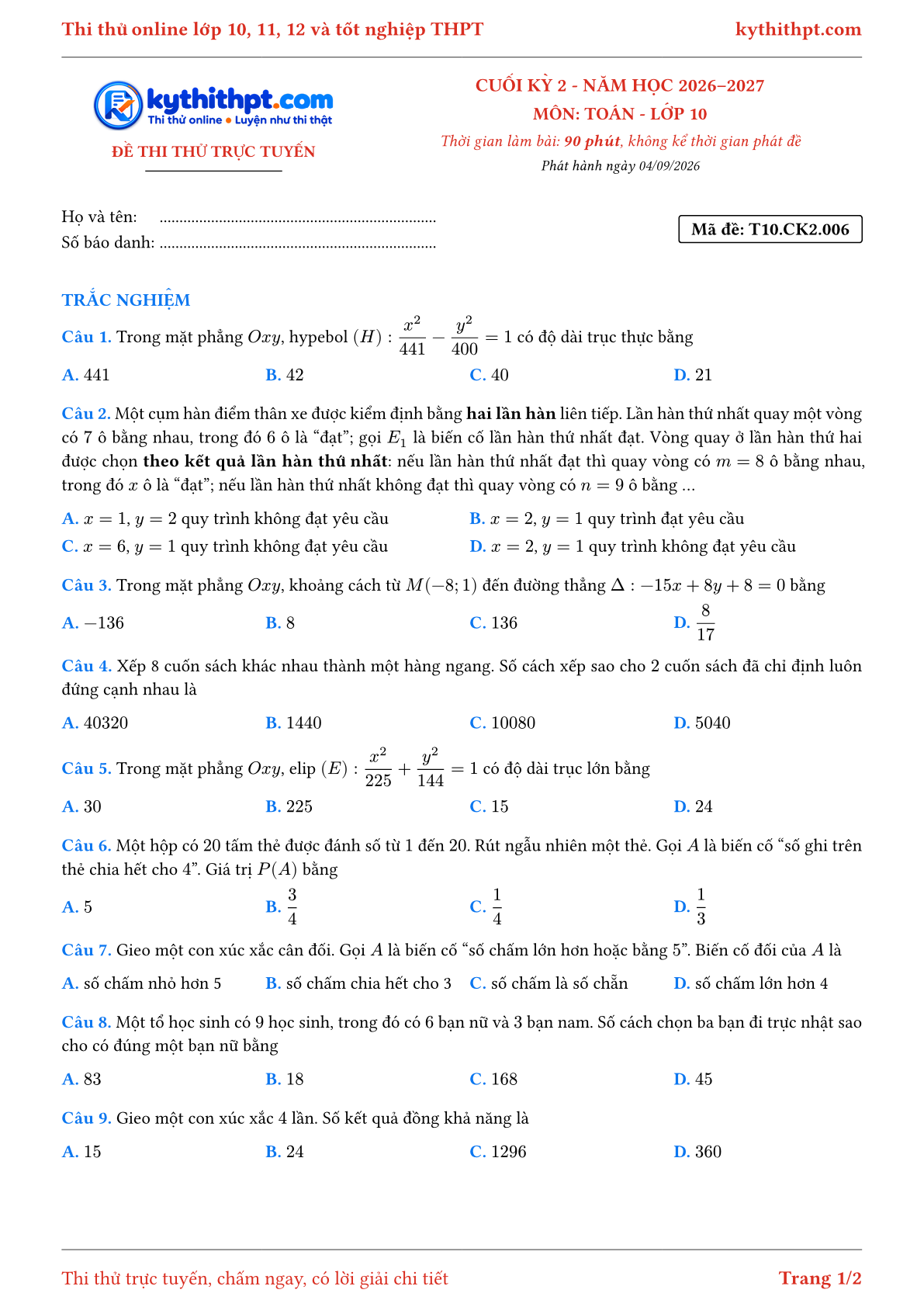 Trang đầu Đề thi thử online cuối kỳ 2 môn Toán lớp 10 - full trắc nghiệm - đề 006