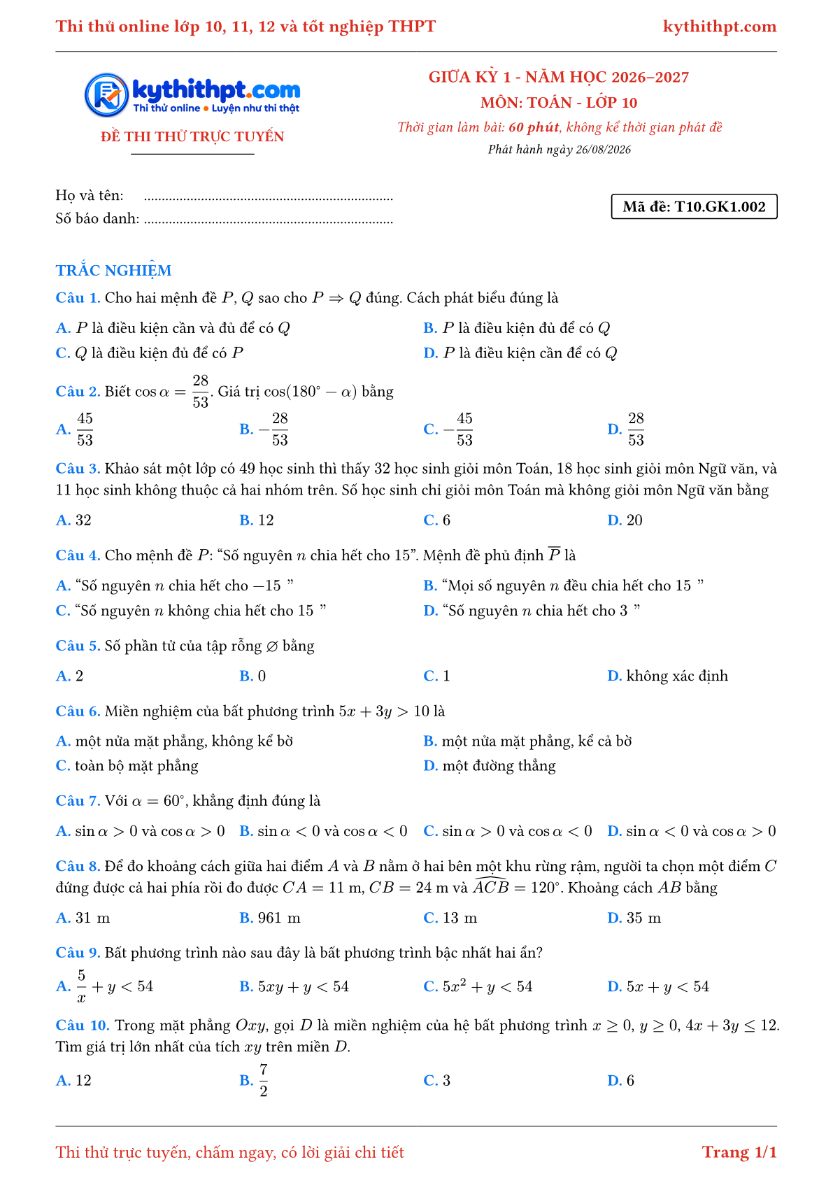 Trang đầu Đề thi thử online giữa kỳ 1 môn Toán lớp 10 - full trắc nghiệm - đề 002