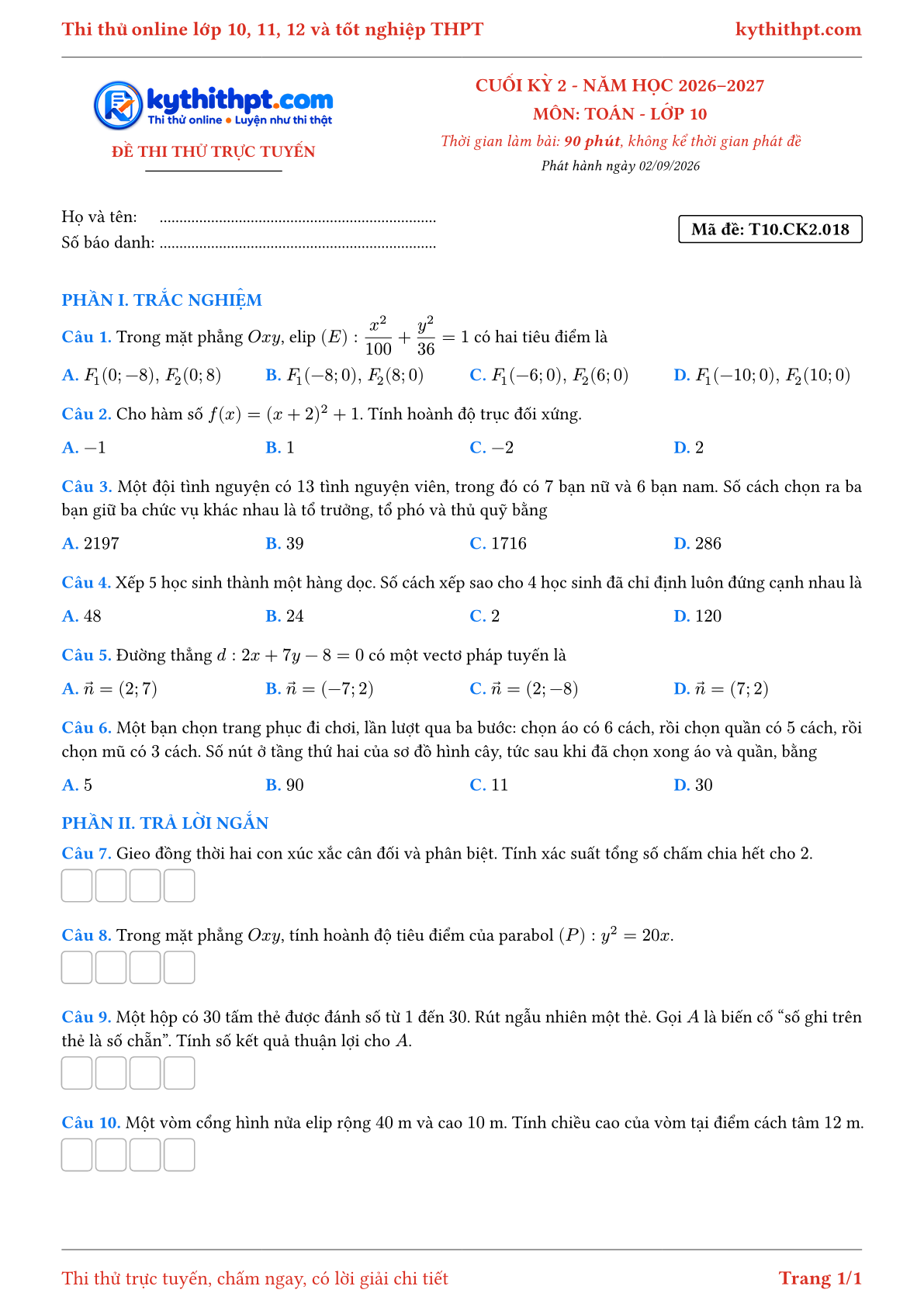 Trang đầu Đề thi thử online cuối kỳ 2 môn Toán lớp 10 - trắc nghiệm + trả lời ngắn - đề 018