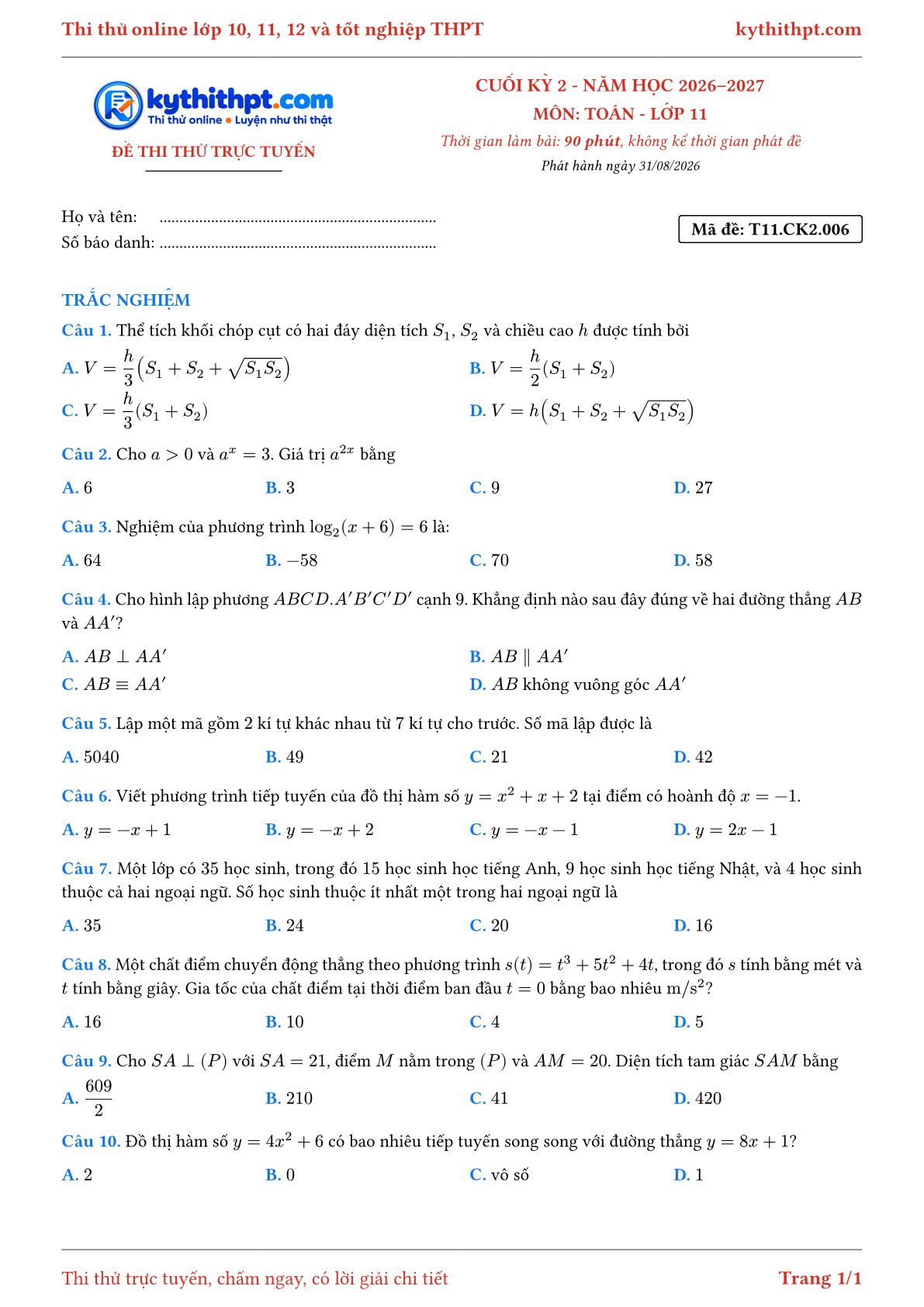 Trang đầu Đề thi thử online cuối kỳ 2 môn Toán lớp 11 - full trắc nghiệm - đề 006