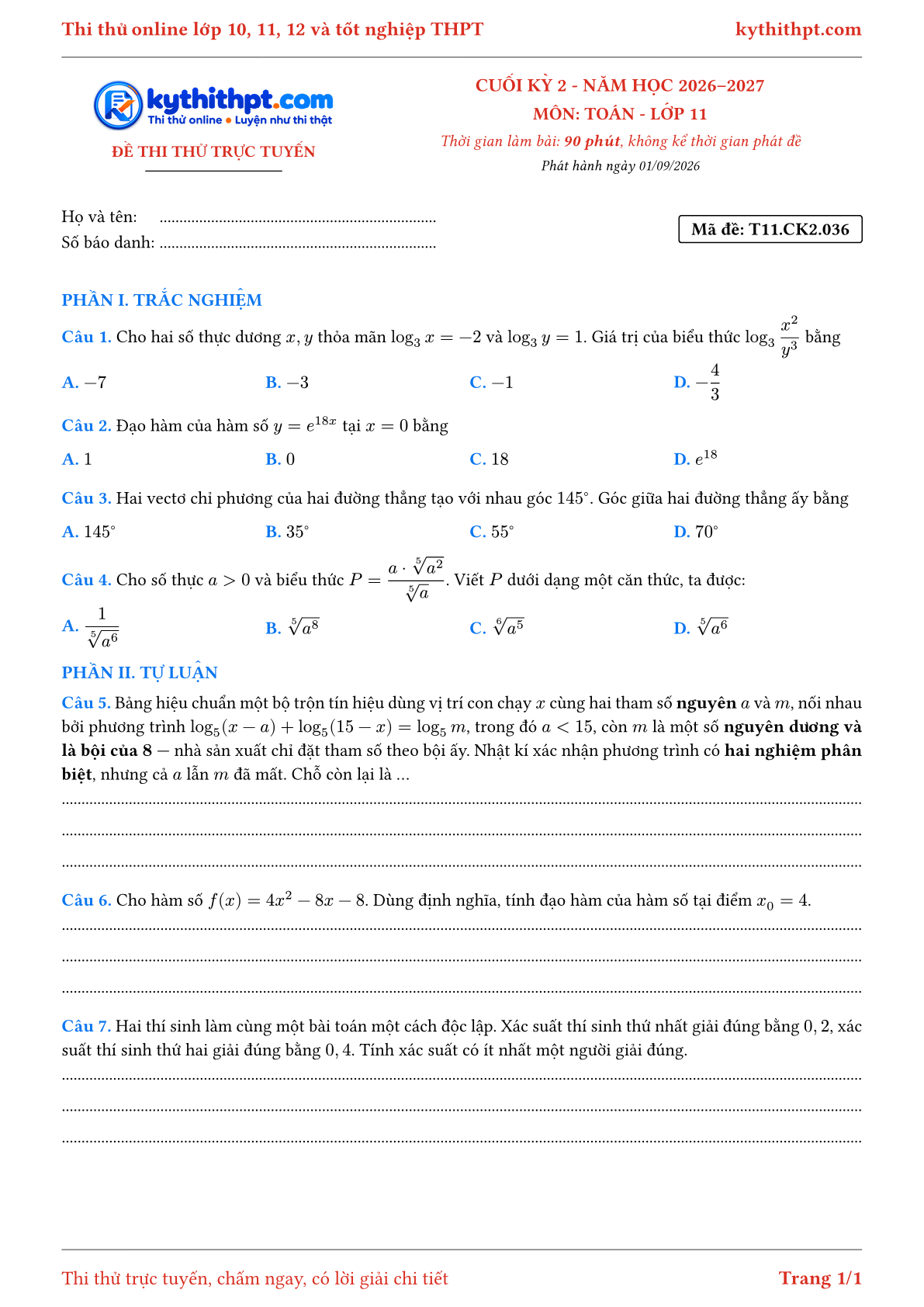Trang đầu Đề thi thử online cuối kỳ 2 môn Toán lớp 11 - trắc nghiệm + tự luận nâng cao - đề 036