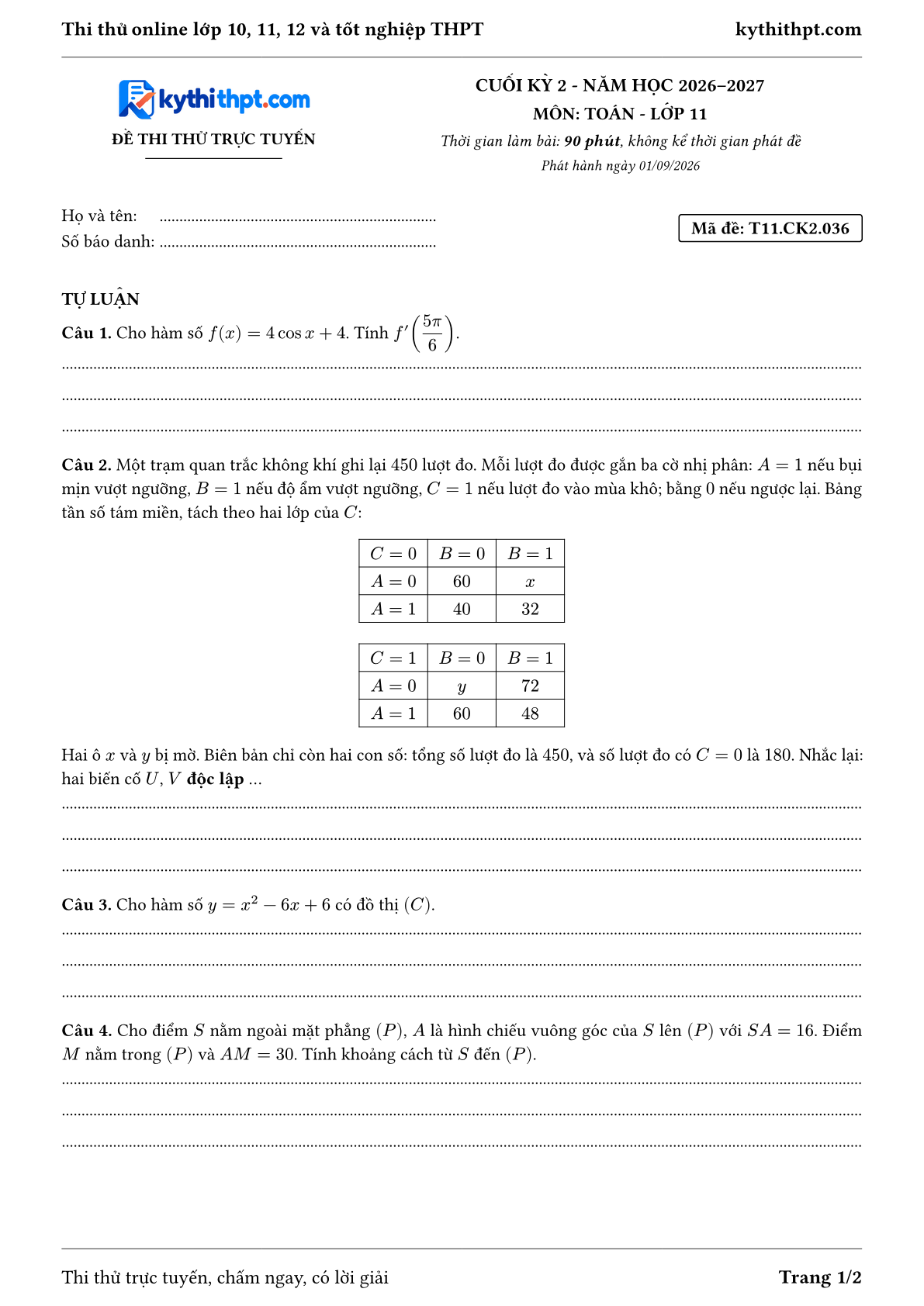 Trang đầu Đề thi thử online cuối kỳ 2 môn Toán lớp 11 - full tự luận - đề 036