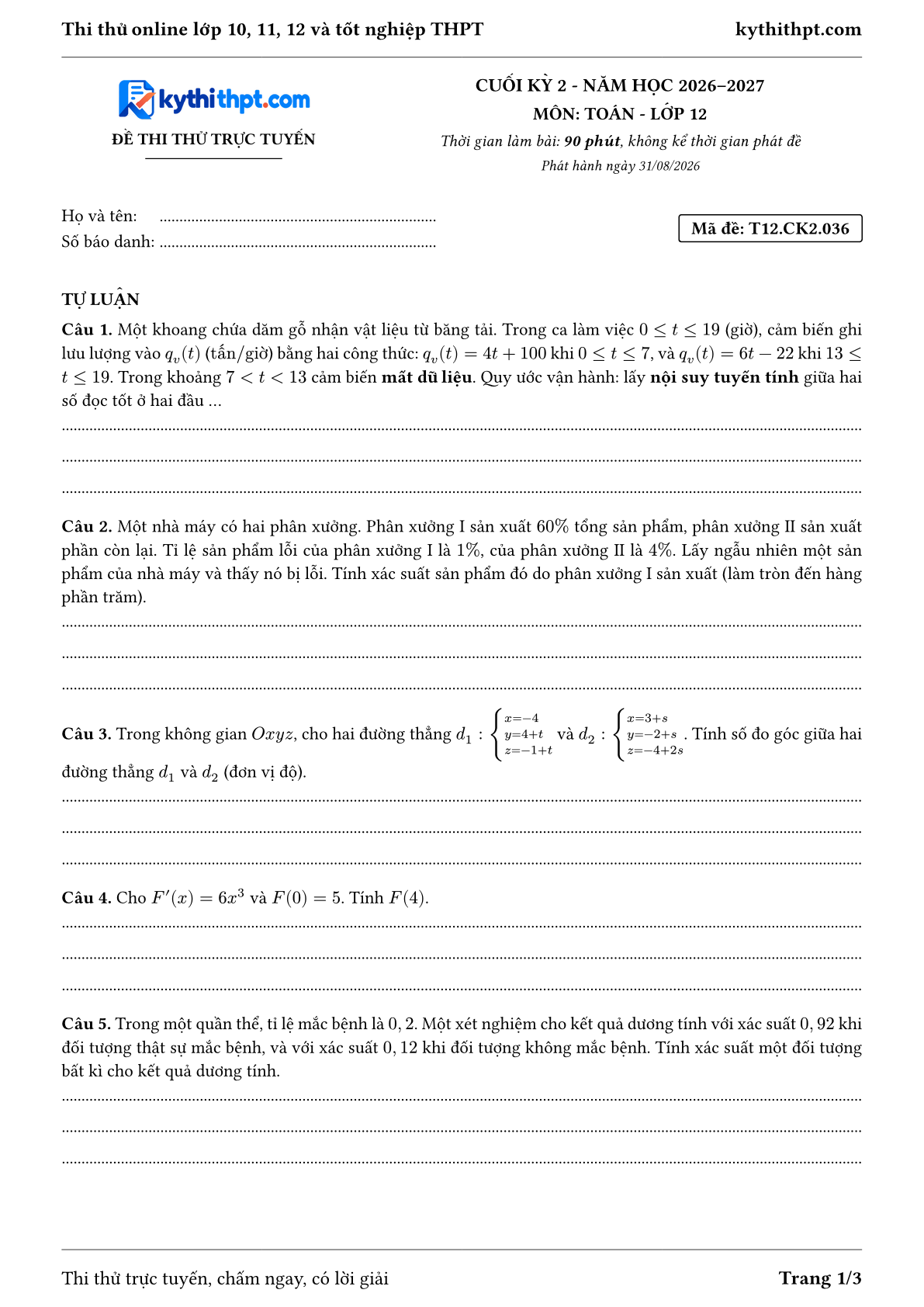Trang đầu Đề thi thử online cuối kỳ 2 môn Toán lớp 12 - full tự luận - đề 036