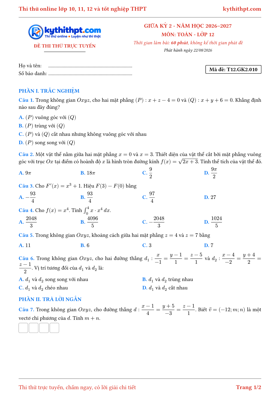 Trang đầu Đề thi thử online giữa kỳ 2 môn Toán lớp 12 - trắc nghiệm + trả lời ngắn - đề 010