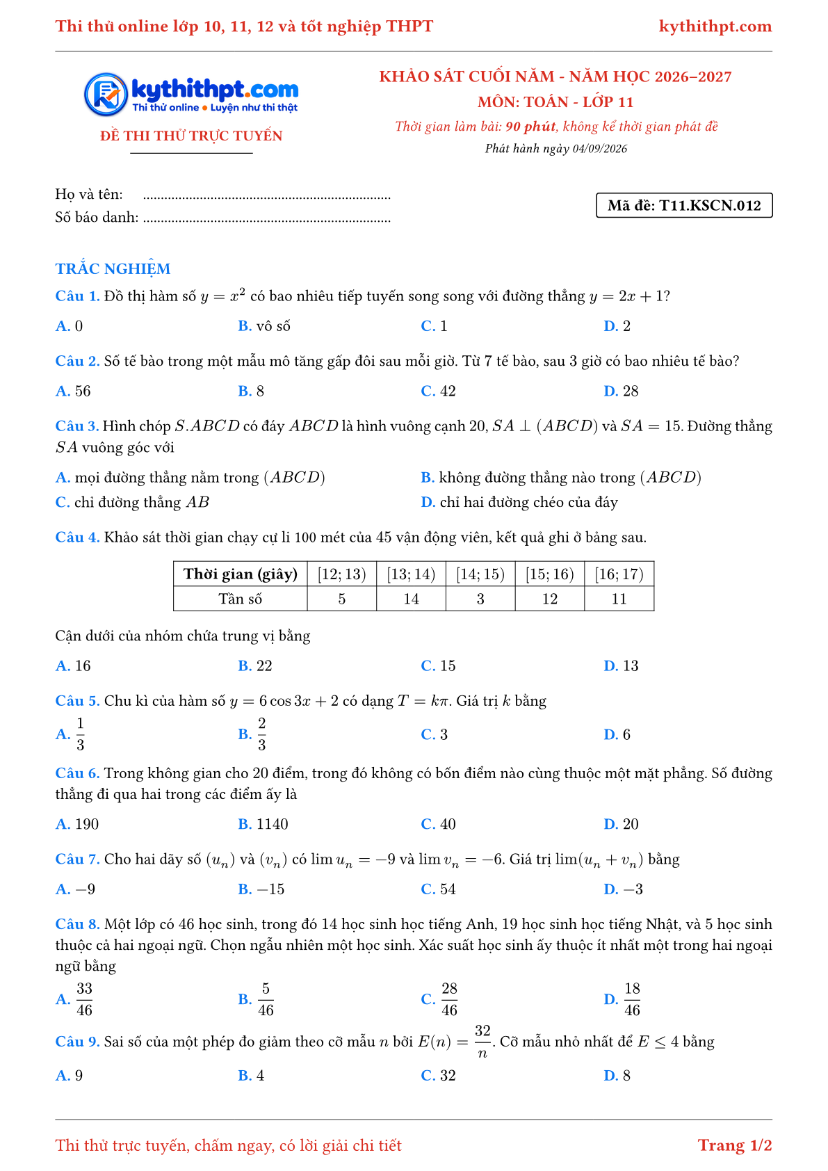 Trang đầu Đề thi thử online khảo sát cuối năm môn Toán lớp 11 - full trắc nghiệm - đề 012