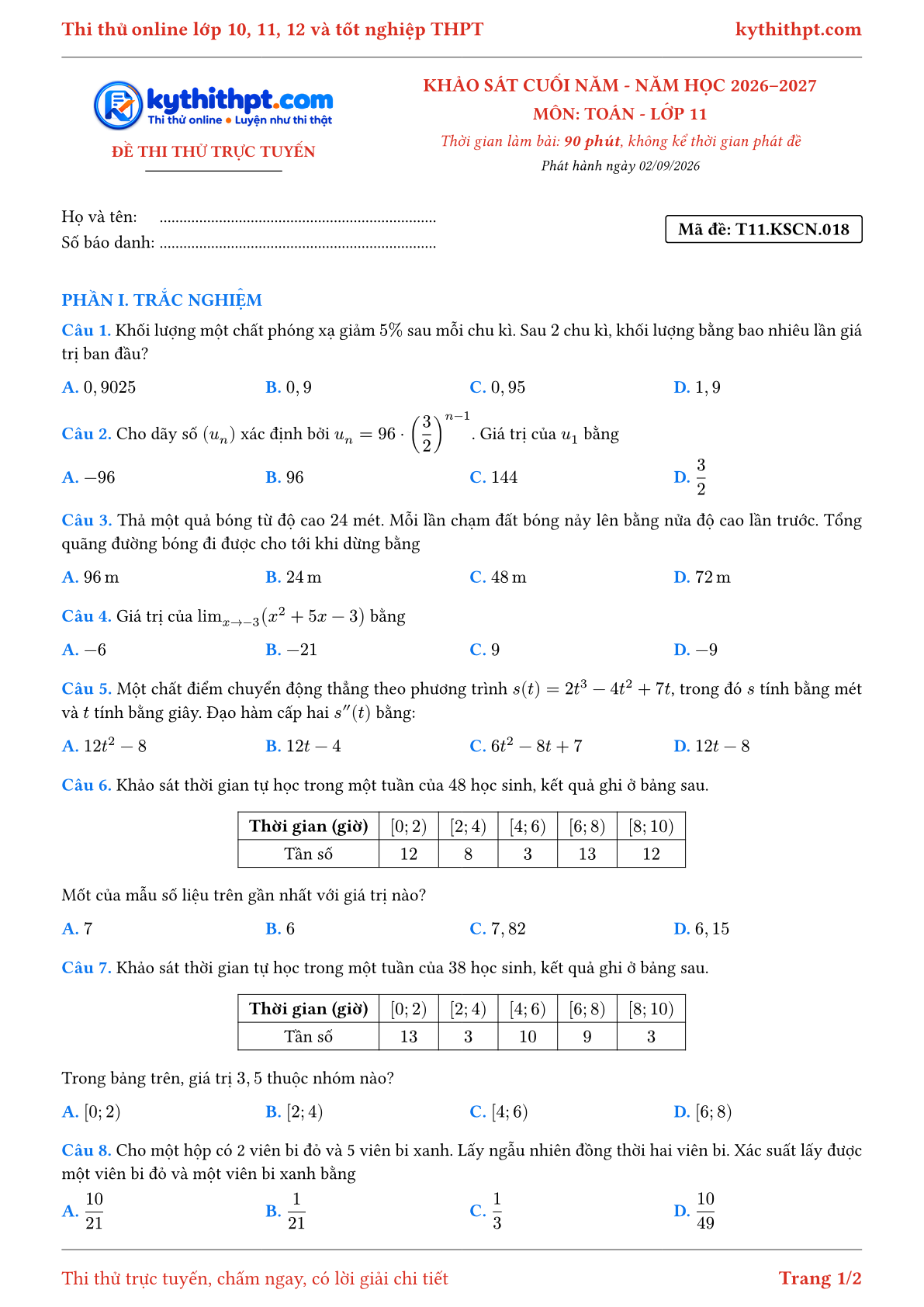 Trang đầu Đề thi thử online khảo sát cuối năm môn Toán lớp 11 - trắc nghiệm + trả lời ngắn - đề 018