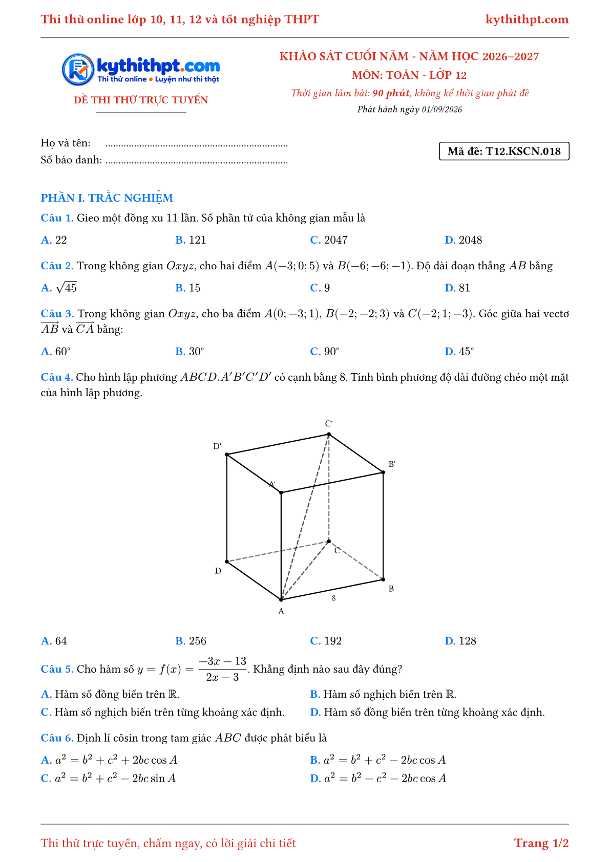 Trang đầu Đề thi thử online khảo sát cuối năm môn Toán lớp 12 - trắc nghiệm + trả lời ngắn - đề 018