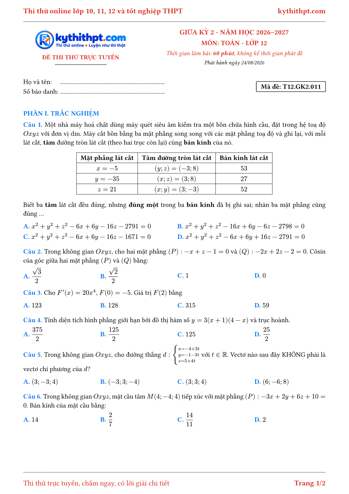 Trang đầu Đề thi thử online giữa kỳ 2 môn Toán lớp 12 - trắc nghiệm + trả lời ngắn - đề 011