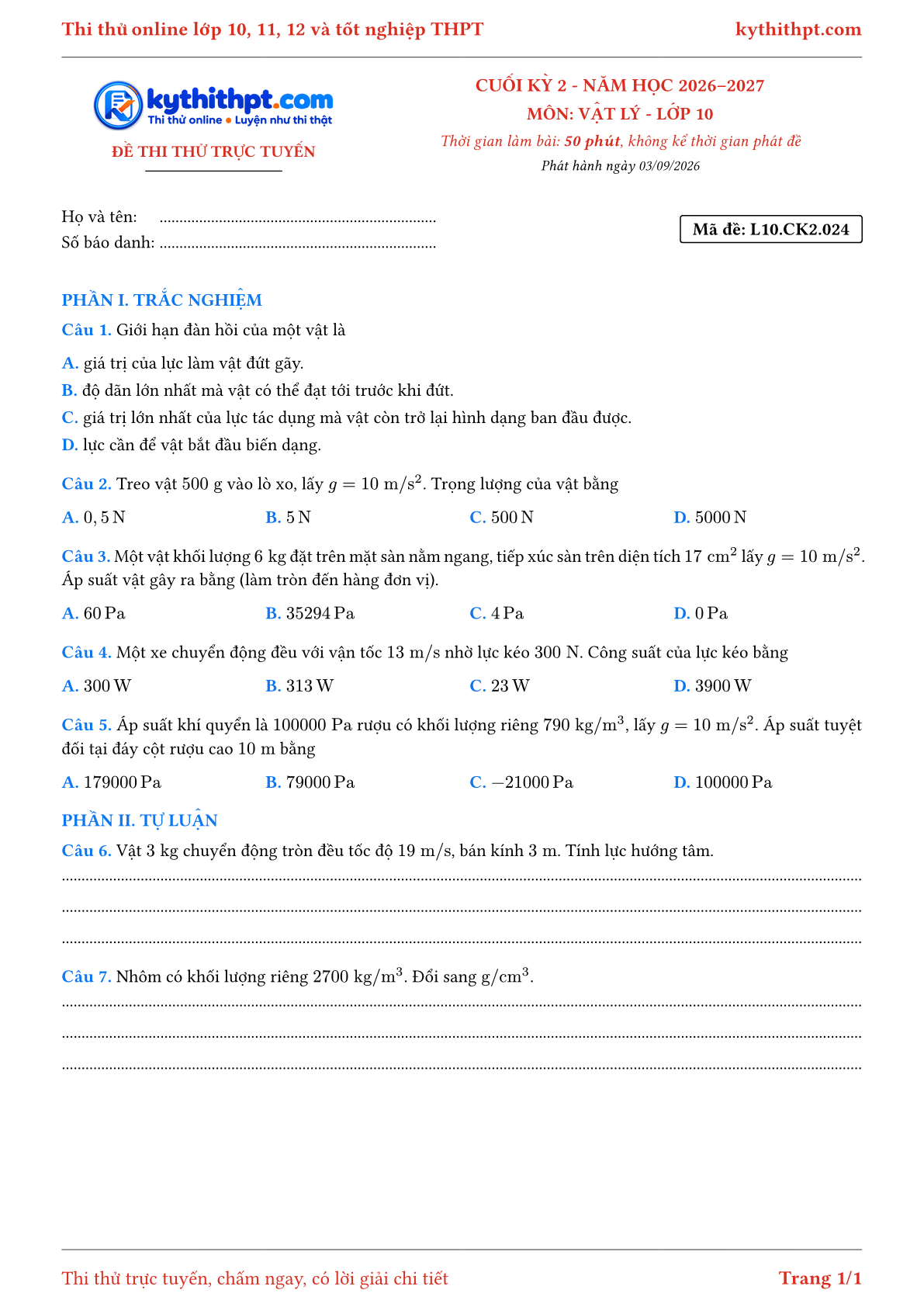 Trang đầu Đề thi thử online cuối kỳ 2 môn Vật lý lớp 10 - trắc nghiệm + tự luận - đề 024