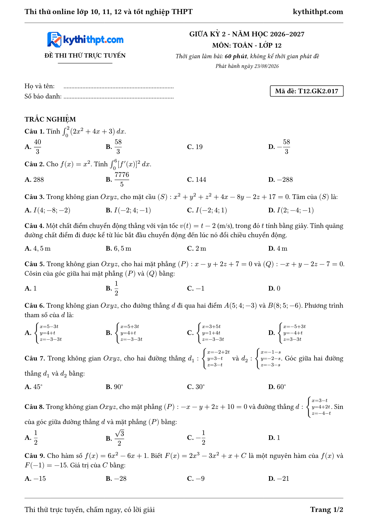 Trang đầu Đề thi thử online giữa kỳ 2 môn Toán lớp 12 - trắc nghiệm + đúng/sai + tự luận - đề 017