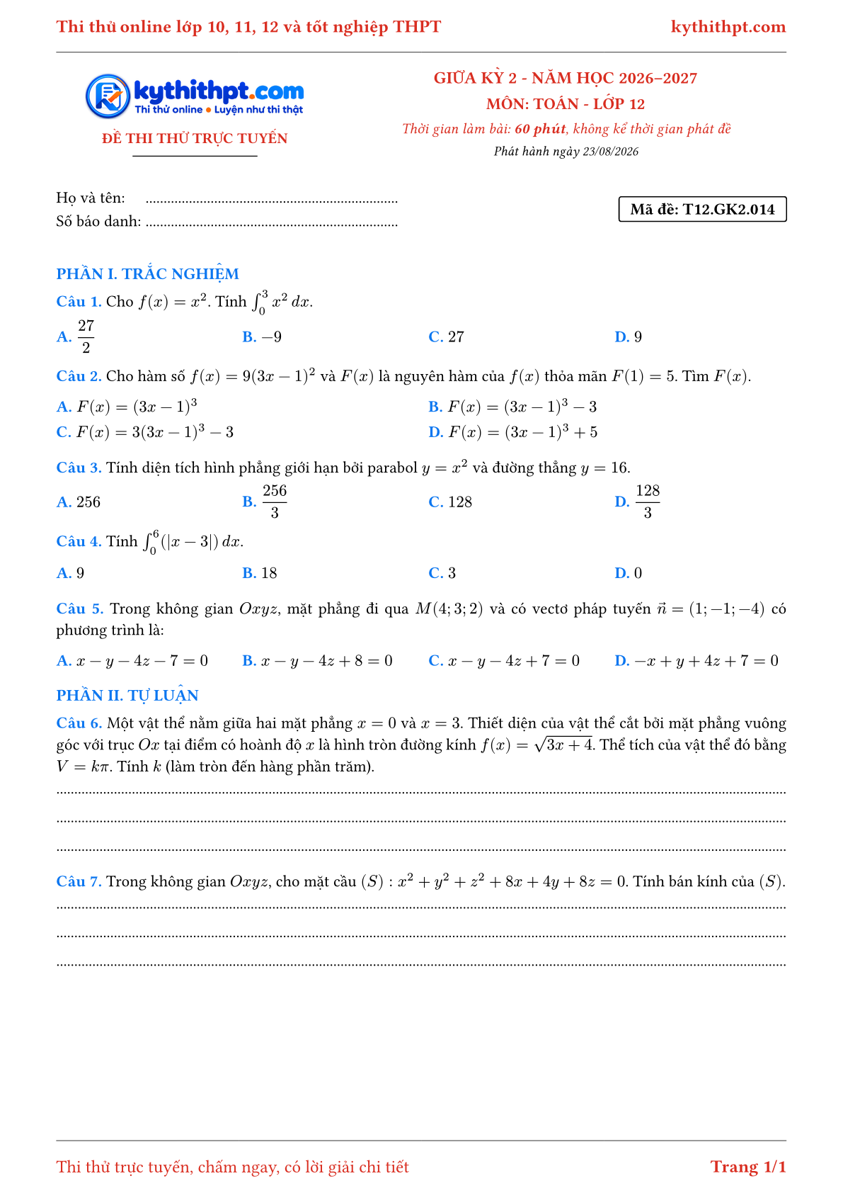 Trang đầu Đề thi thử online giữa kỳ 2 môn Toán lớp 12 - trắc nghiệm + tự luận - đề 014