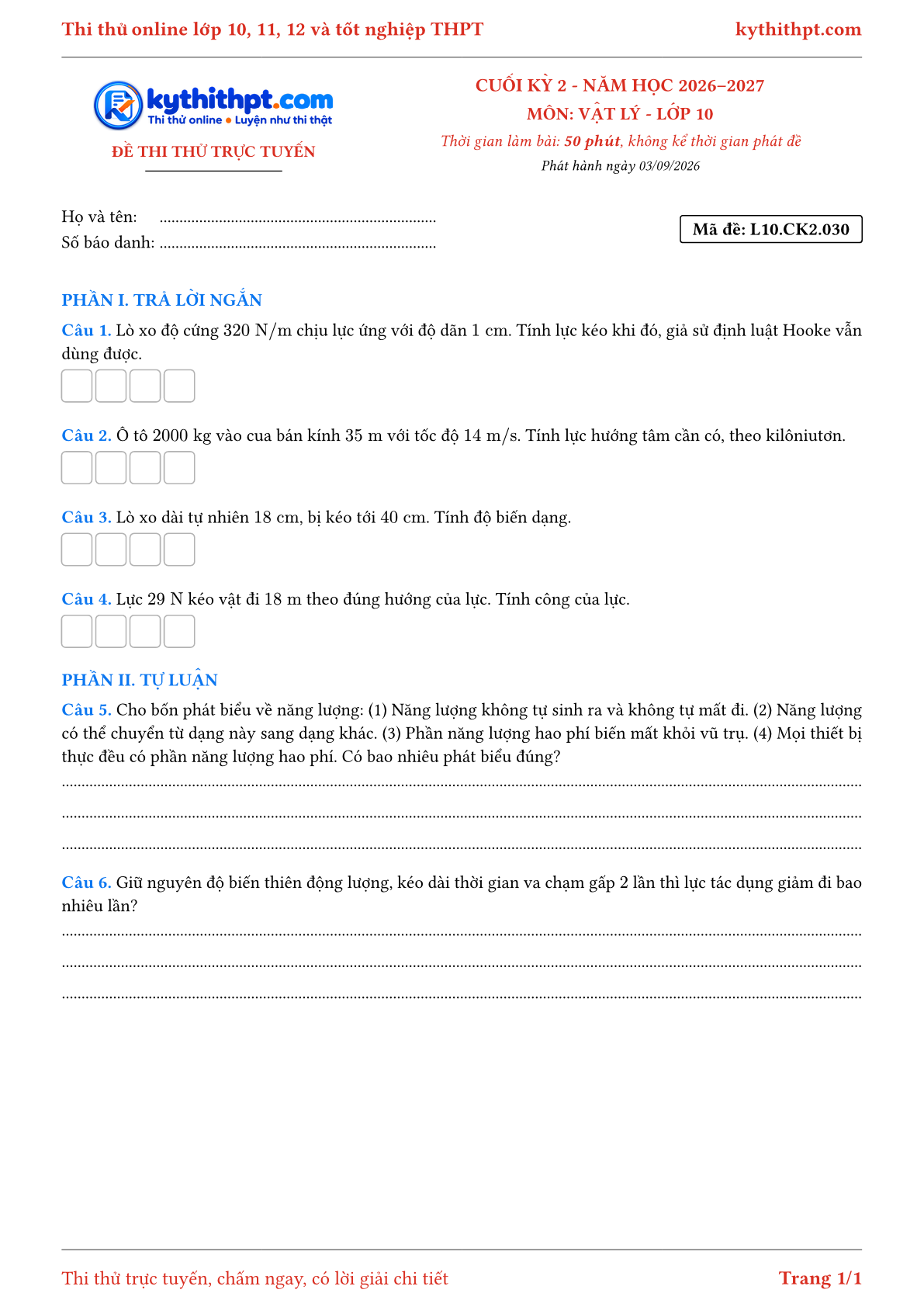 Trang đầu Đề thi thử online cuối kỳ 2 môn Vật lý lớp 10 - trả lời ngắn + tự luận - đề 030