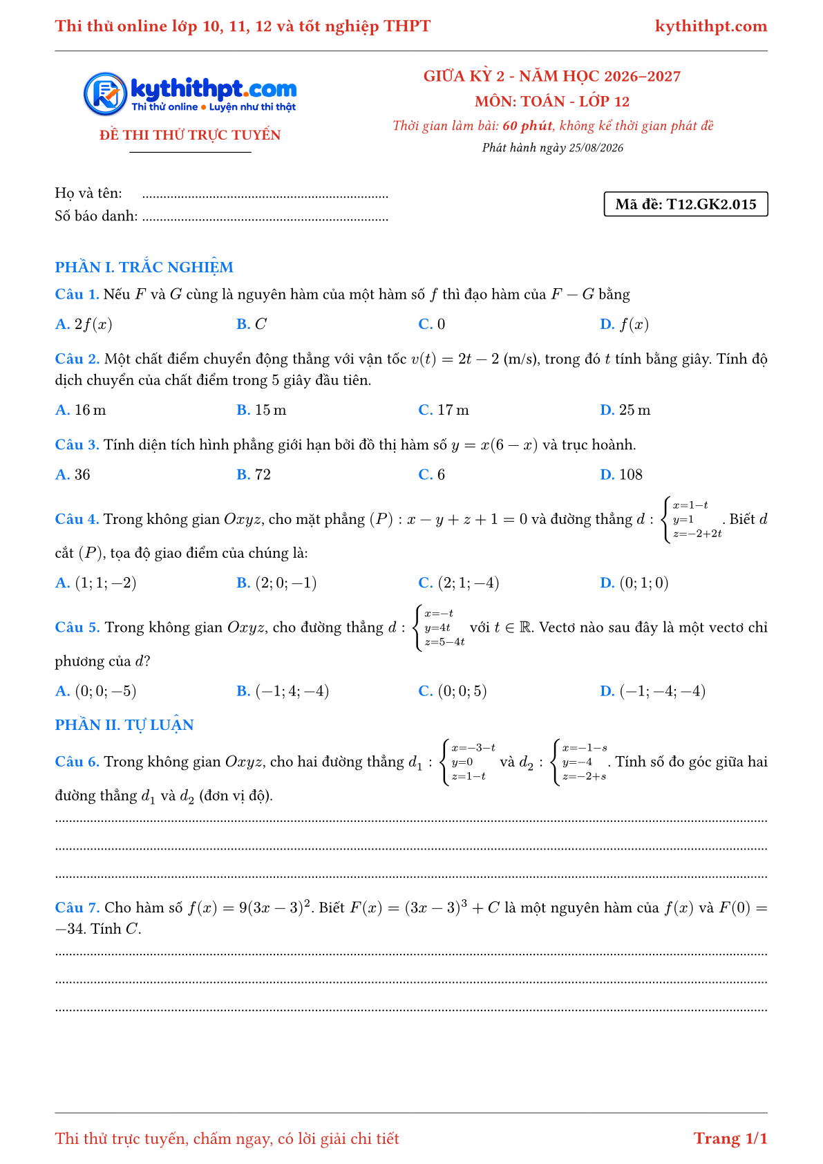 Trang đầu Đề thi thử online giữa kỳ 2 môn Toán lớp 12 - trắc nghiệm + tự luận - đề 015