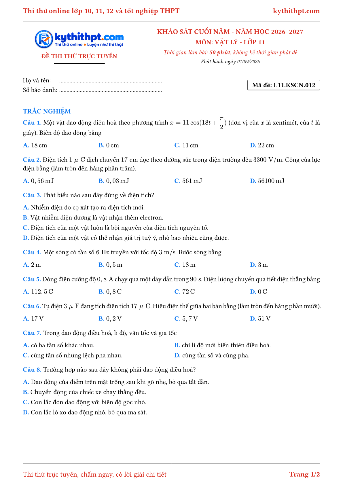 Trang đầu Đề thi thử online khảo sát cuối năm môn Vật lý lớp 11 - full trắc nghiệm - đề 012