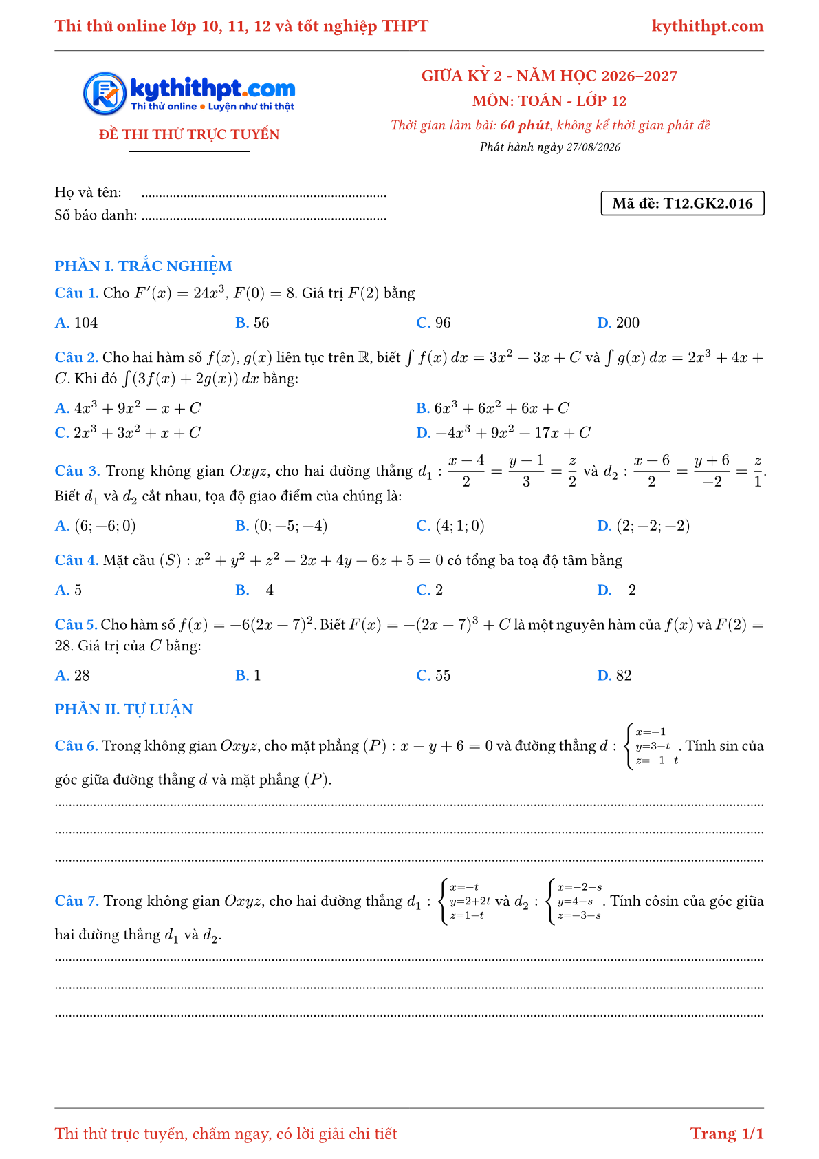 Trang đầu Đề thi thử online giữa kỳ 2 môn Toán lớp 12 - trắc nghiệm + tự luận - đề 016