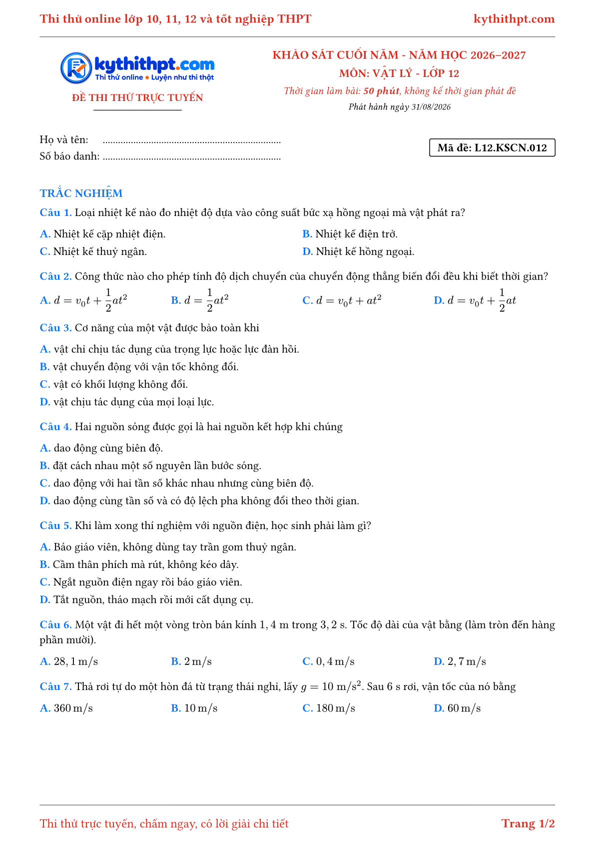 Trang đầu Đề thi thử online khảo sát cuối năm môn Vật lý lớp 12 - full trắc nghiệm - đề 012