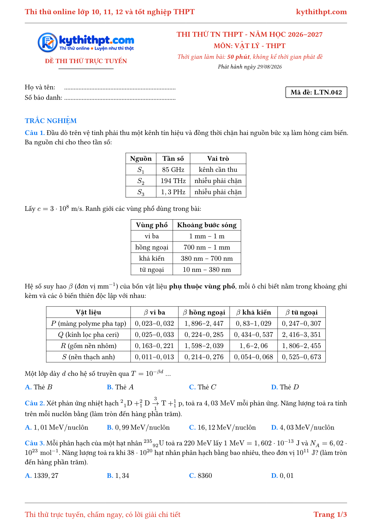 Trang đầu Đề thi thử online tốt nghiệp THPT môn Vật lý - đề ôn 9+ · chuẩn cấu trúc tốt nghiệp - đề 042