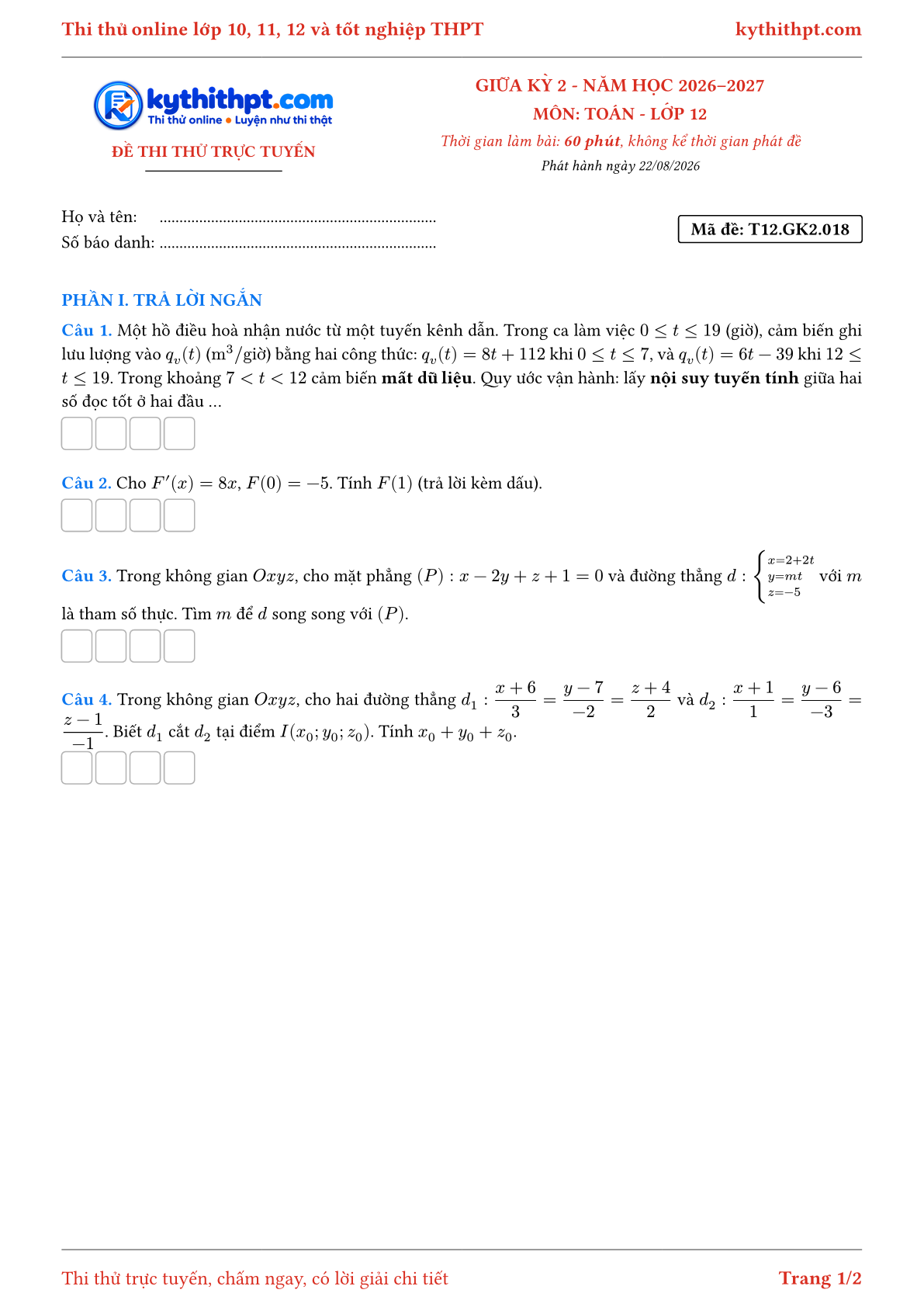 Trang đầu Đề thi thử online giữa kỳ 2 môn Toán lớp 12 - trả lời ngắn + tự luận - đề 018
