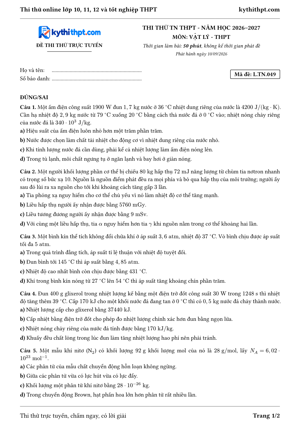 Trang đầu Đề thi thử online tốt nghiệp THPT môn Vật lý - ôn luyện đúng/sai - đề 049