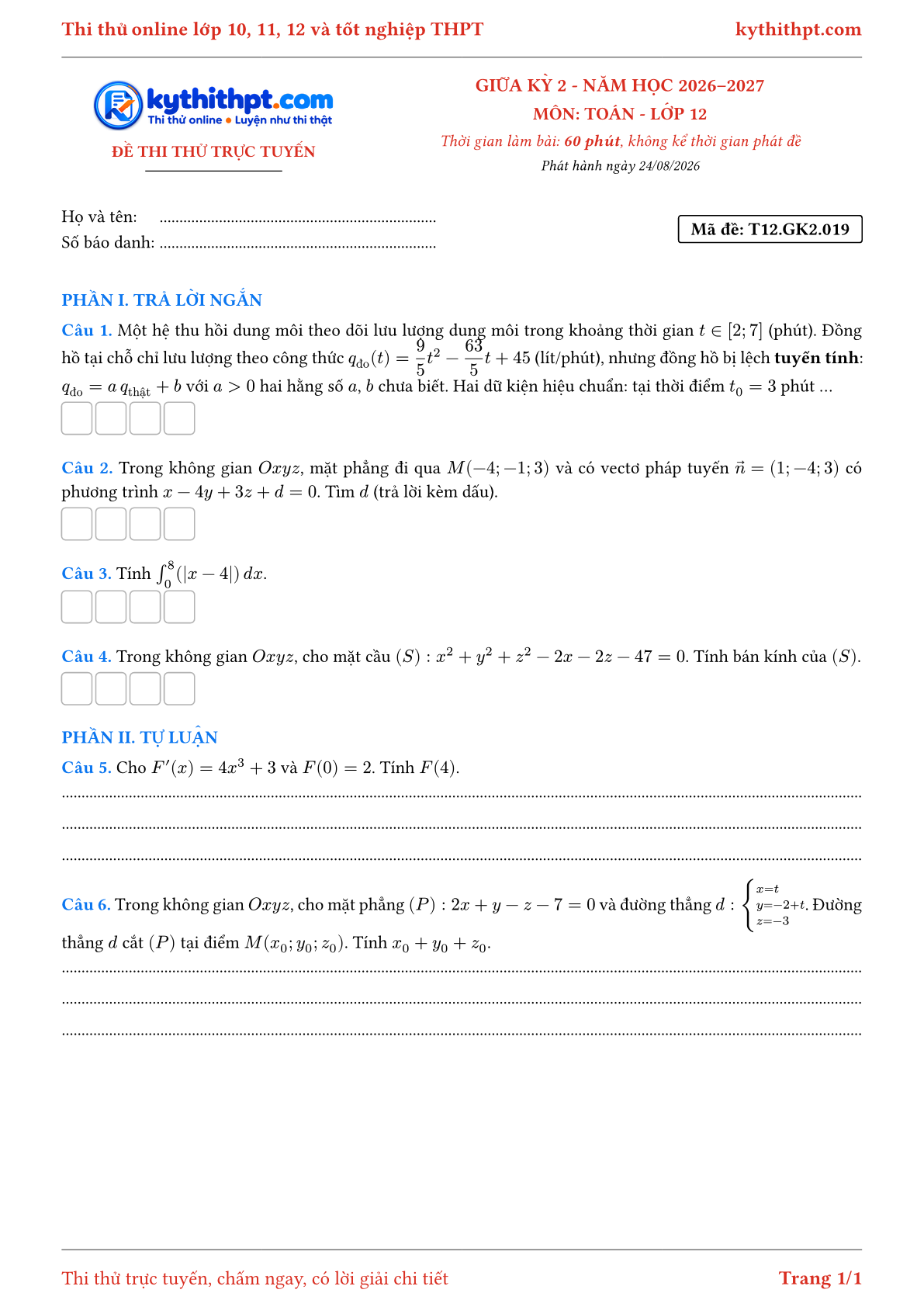 Trang đầu Đề thi thử online giữa kỳ 2 môn Toán lớp 12 - trả lời ngắn + tự luận - đề 019