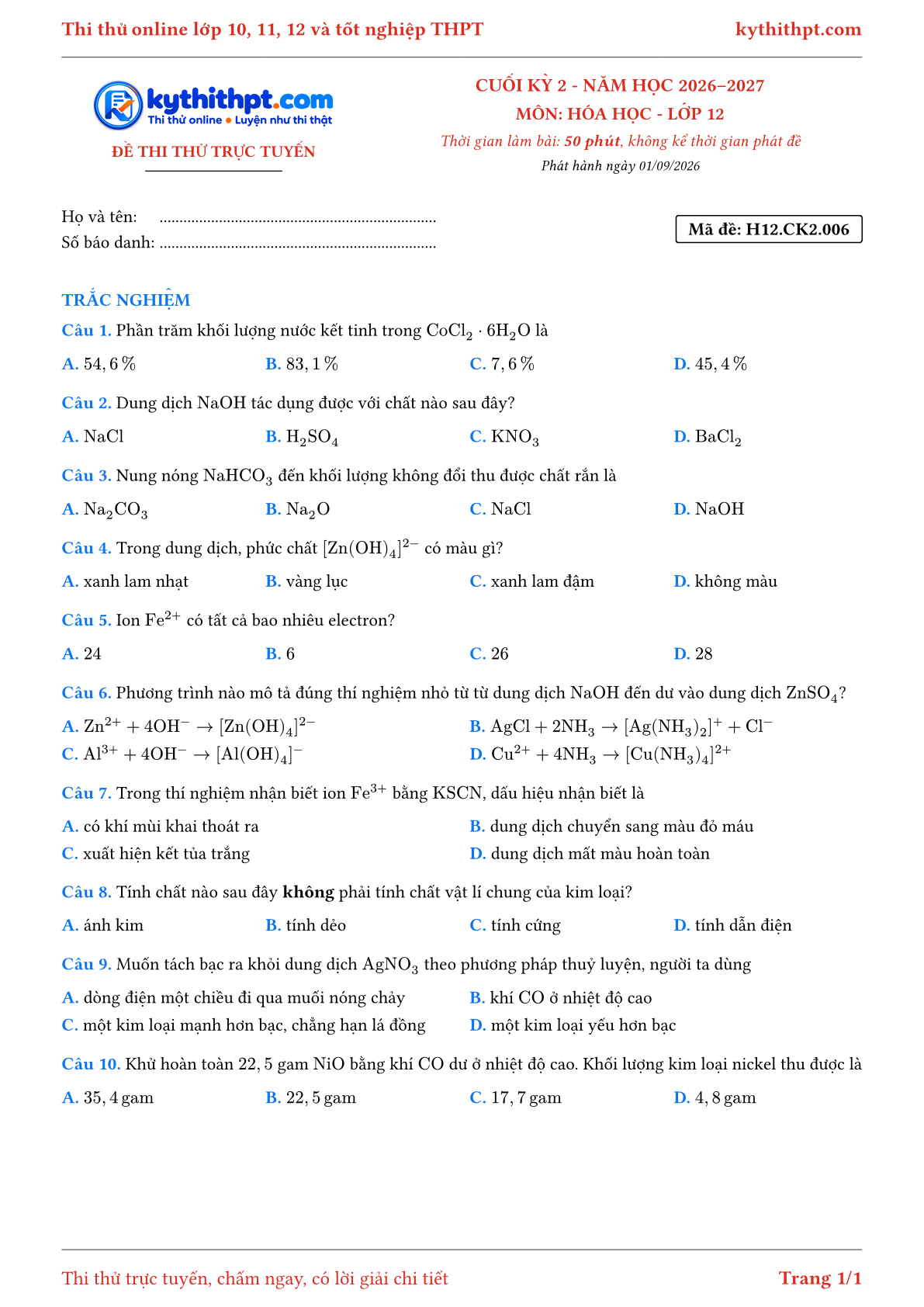 Trang đầu Đề thi thử online cuối kỳ 2 môn Hóa học lớp 12 - full trắc nghiệm - đề 006