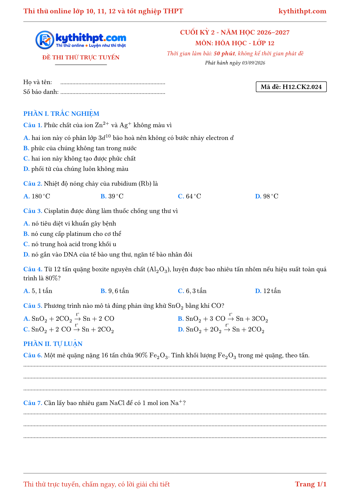 Trang đầu Đề thi thử online cuối kỳ 2 môn Hóa học lớp 12 - trắc nghiệm + tự luận - đề 024