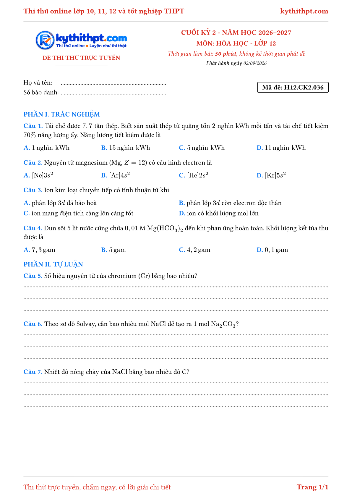 Trang đầu Đề thi thử online cuối kỳ 2 môn Hóa học lớp 12 - trắc nghiệm + tự luận nâng cao - đề 036