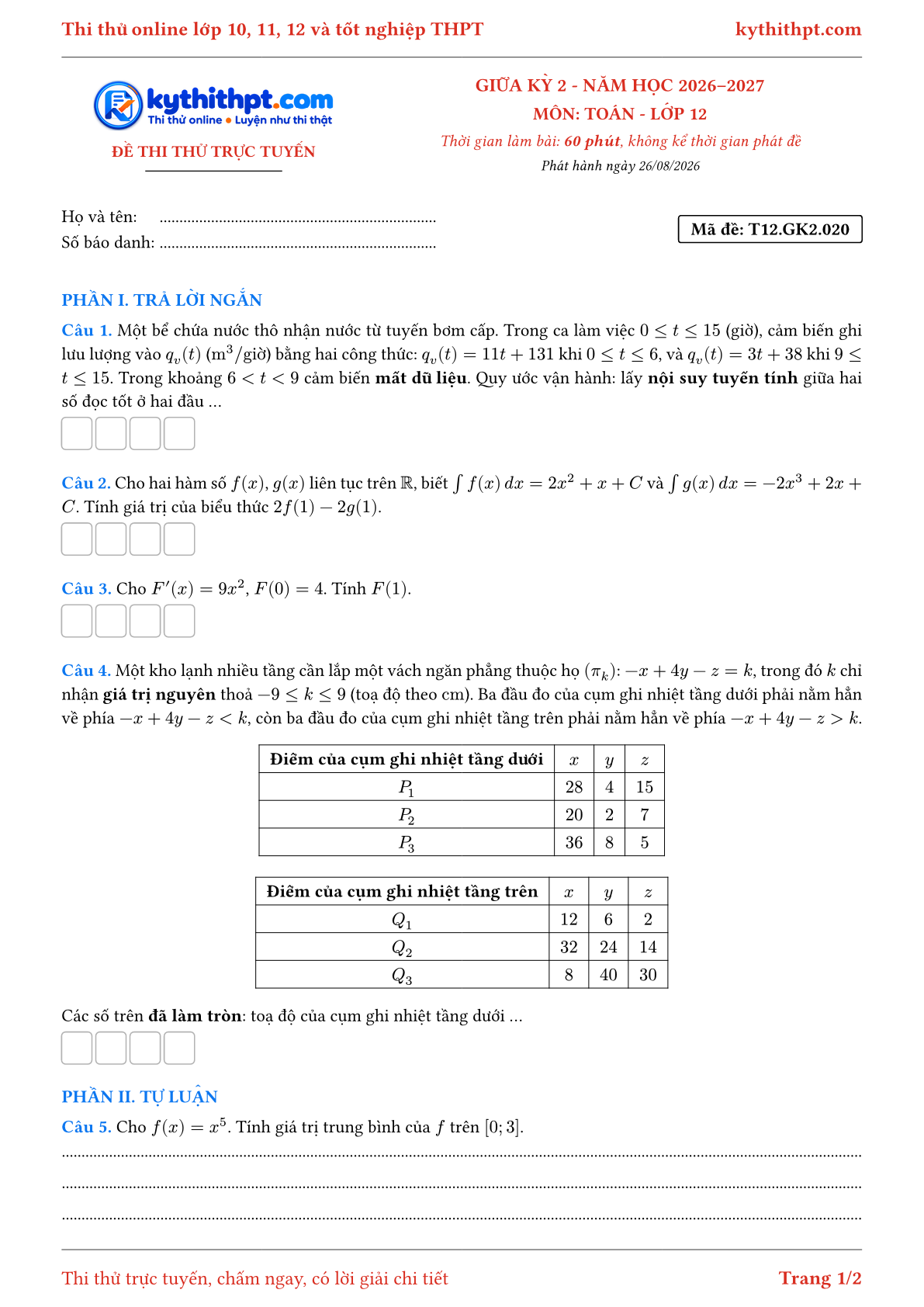 Trang đầu Đề thi thử online giữa kỳ 2 môn Toán lớp 12 - trả lời ngắn + tự luận - đề 020