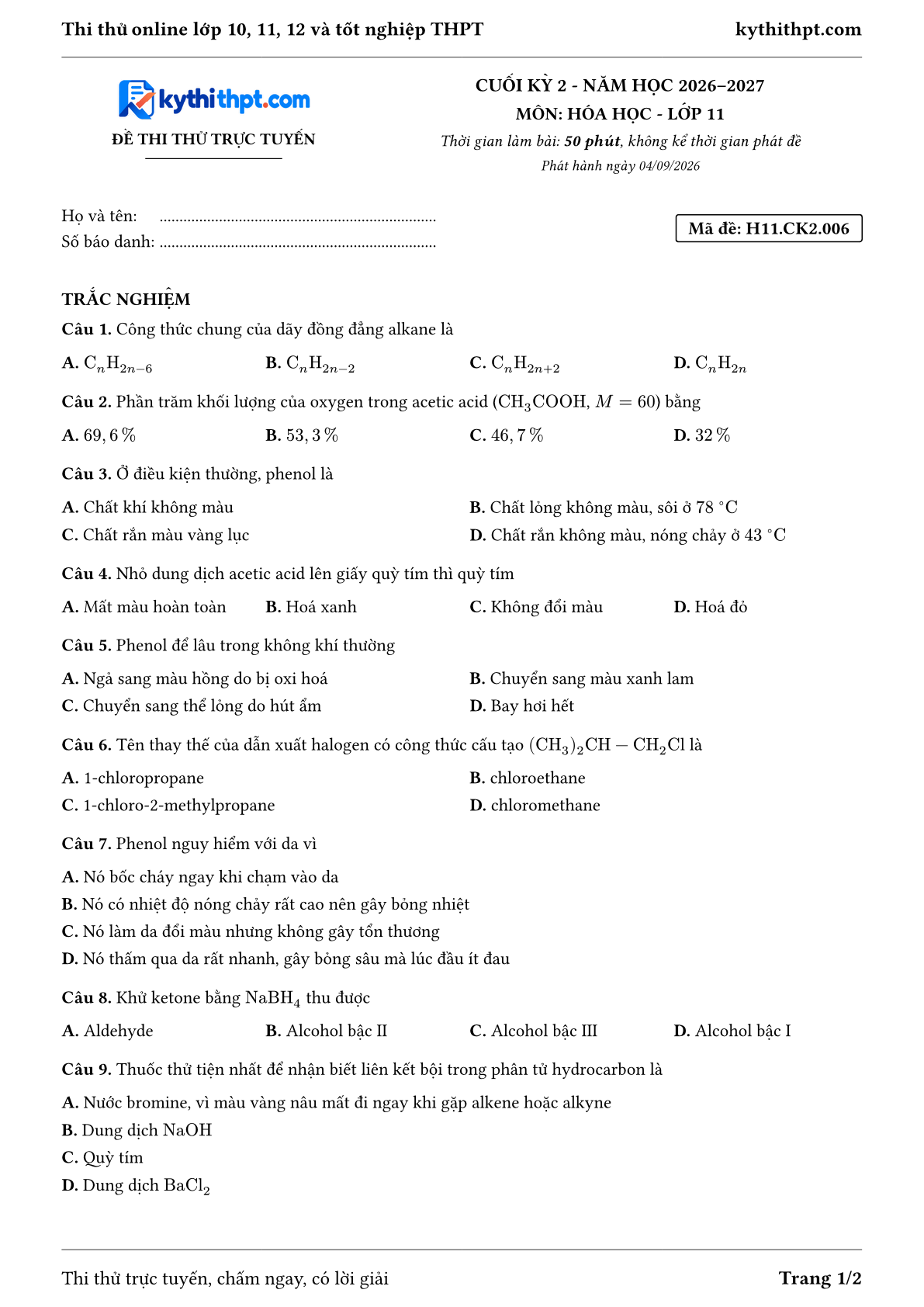 Trang đầu Đề thi thử online cuối kỳ 2 môn Hóa học lớp 11 - full trắc nghiệm - đề 006