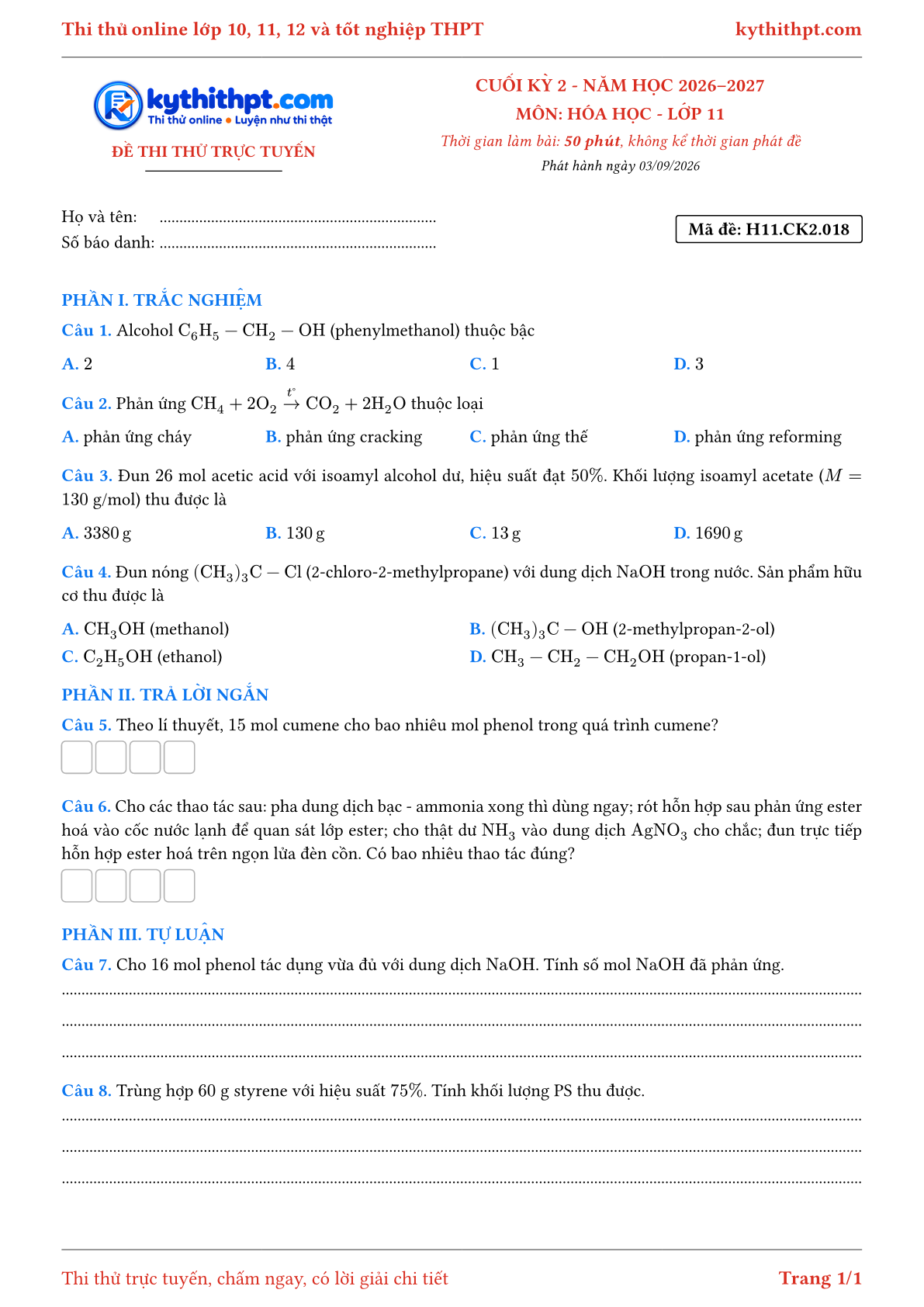 Trang đầu Đề thi thử online cuối kỳ 2 môn Hóa học lớp 11 - trắc nghiệm + trả lời ngắn + tự luận - đề 018