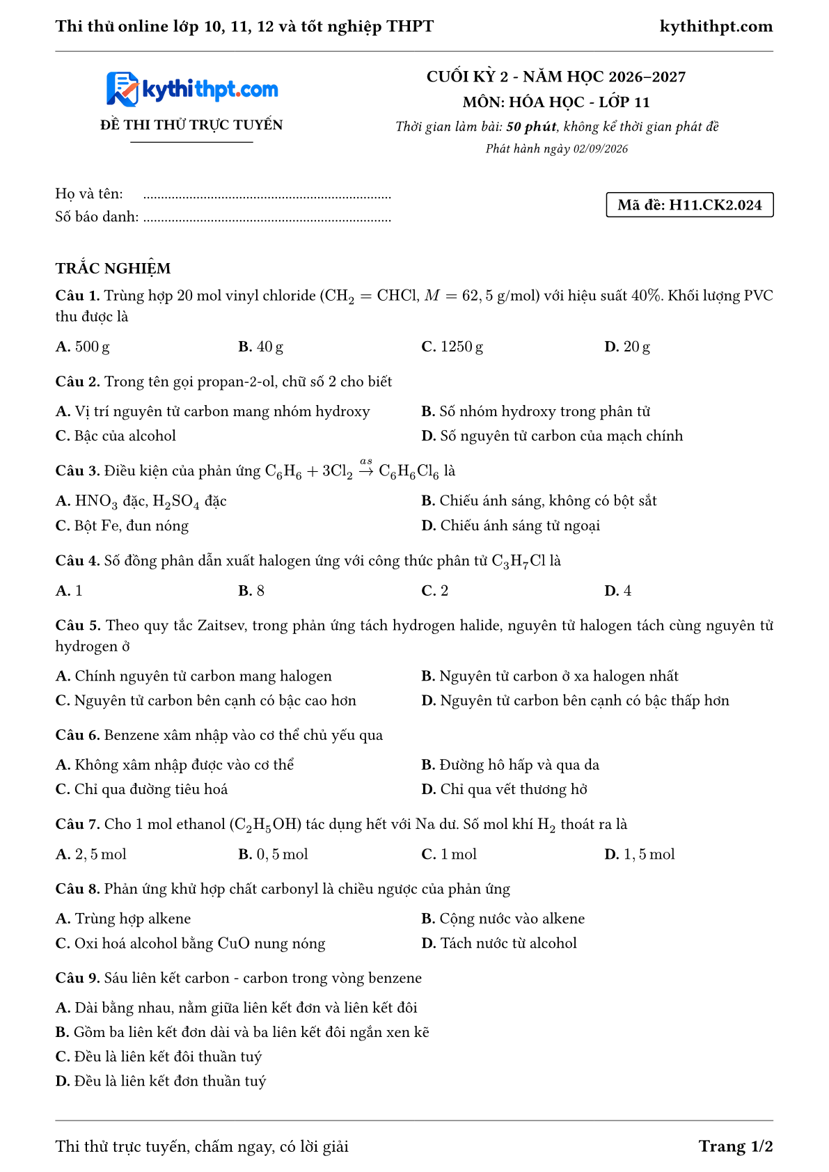 Trang đầu Đề thi thử online cuối kỳ 2 môn Hóa học lớp 11 - trắc nghiệm + đúng/sai + tự luận - đề 024