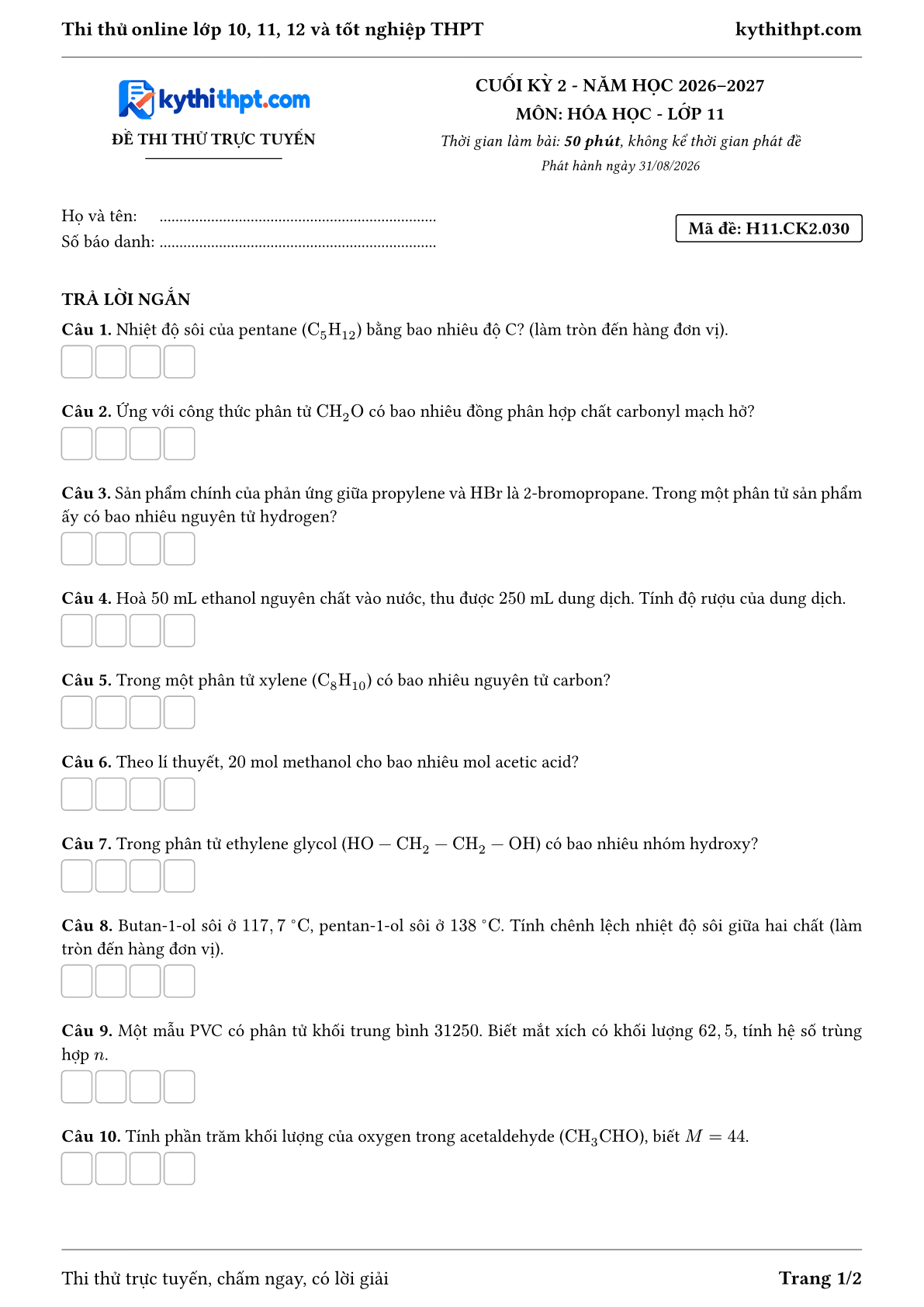 Trang đầu Đề thi thử online cuối kỳ 2 môn Hóa học lớp 11 - full trả lời ngắn - đề 030