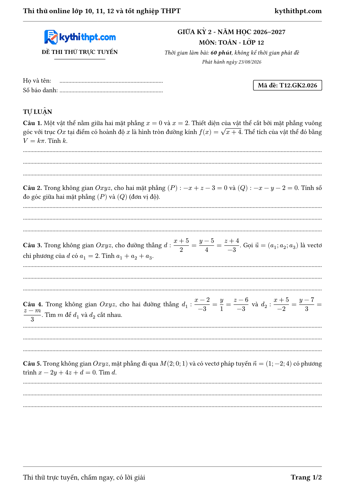 Trang đầu Đề thi thử online giữa kỳ 2 môn Toán lớp 12 - full tự luận - đề 026