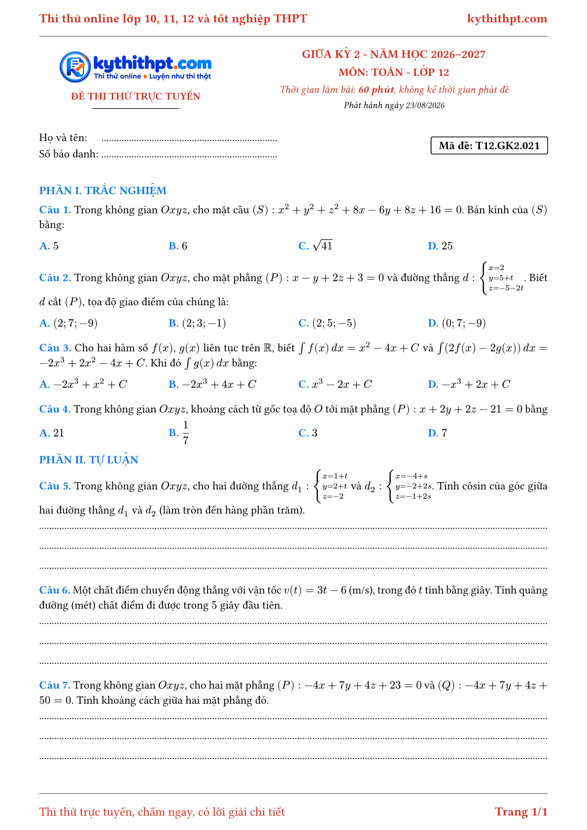 Trang đầu Đề thi thử online giữa kỳ 2 môn Toán lớp 12 - trắc nghiệm + tự luận nâng cao - đề 021