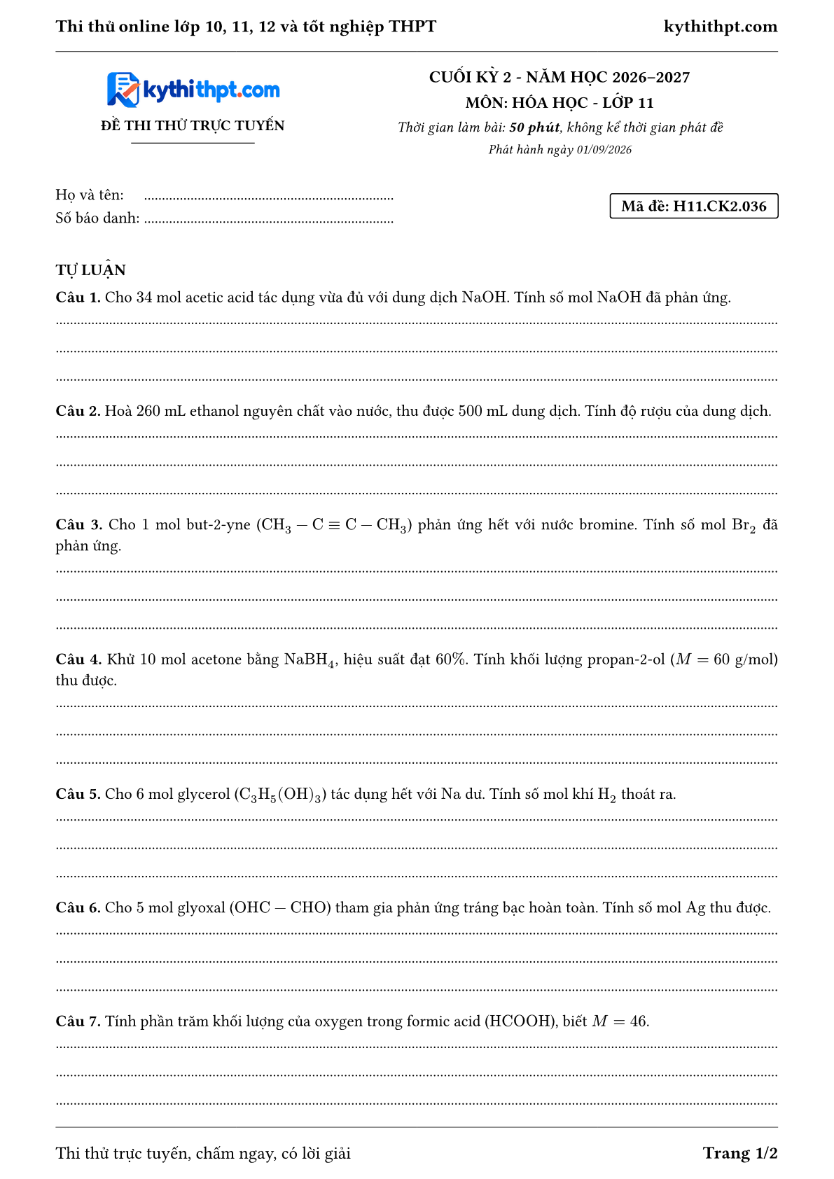 Trang đầu Đề thi thử online cuối kỳ 2 môn Hóa học lớp 11 - full tự luận - đề 036