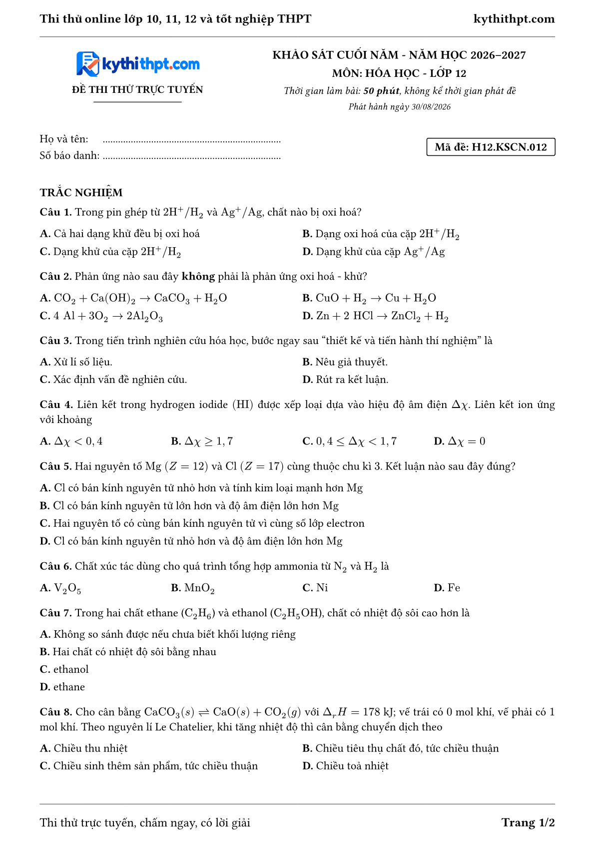 Trang đầu Đề thi thử online khảo sát cuối năm môn Hóa học lớp 12 - full trắc nghiệm - đề 012