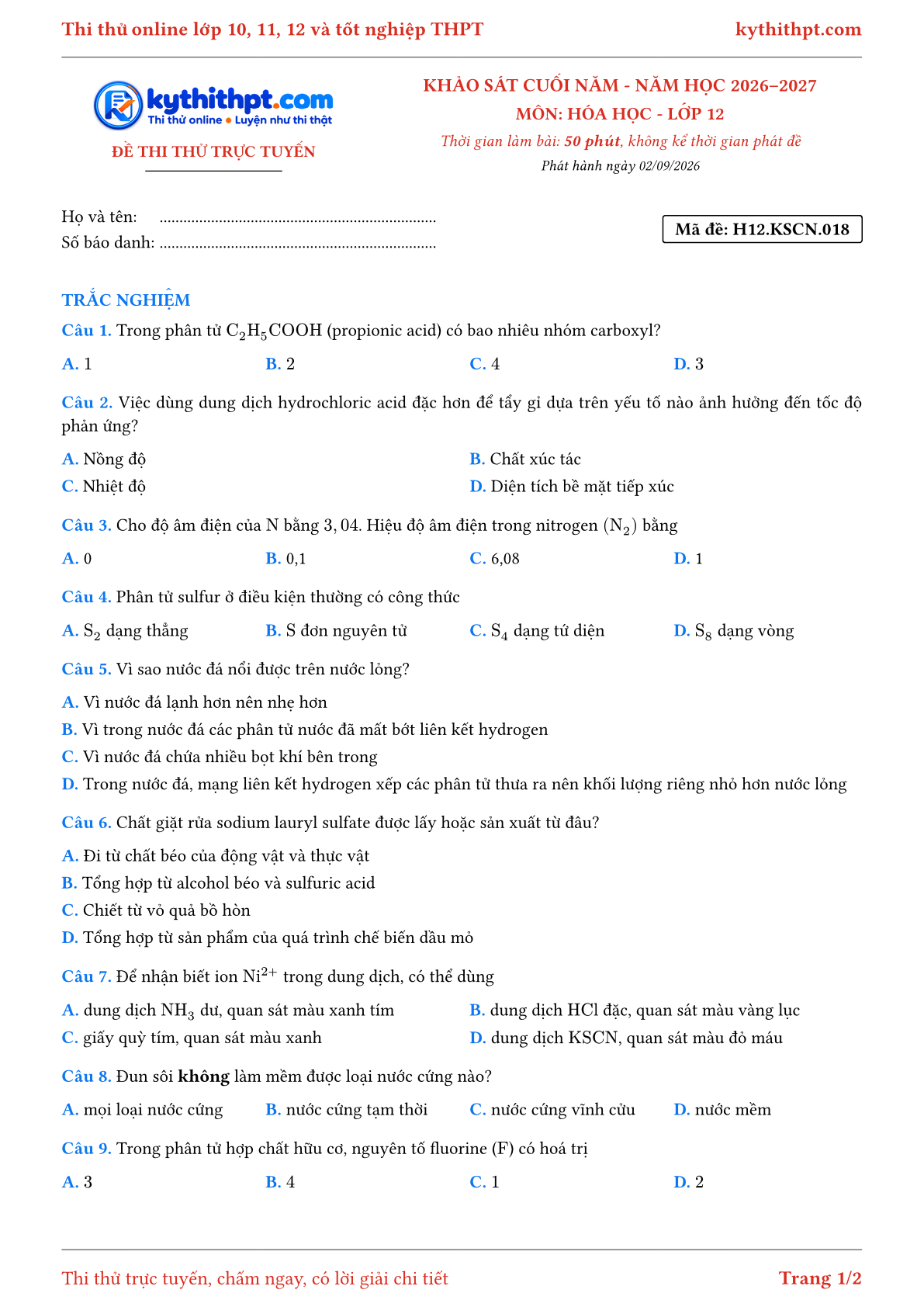 Trang đầu Đề thi thử online khảo sát cuối năm môn Hóa học lớp 12 - trắc nghiệm + trả lời ngắn - đề 018
