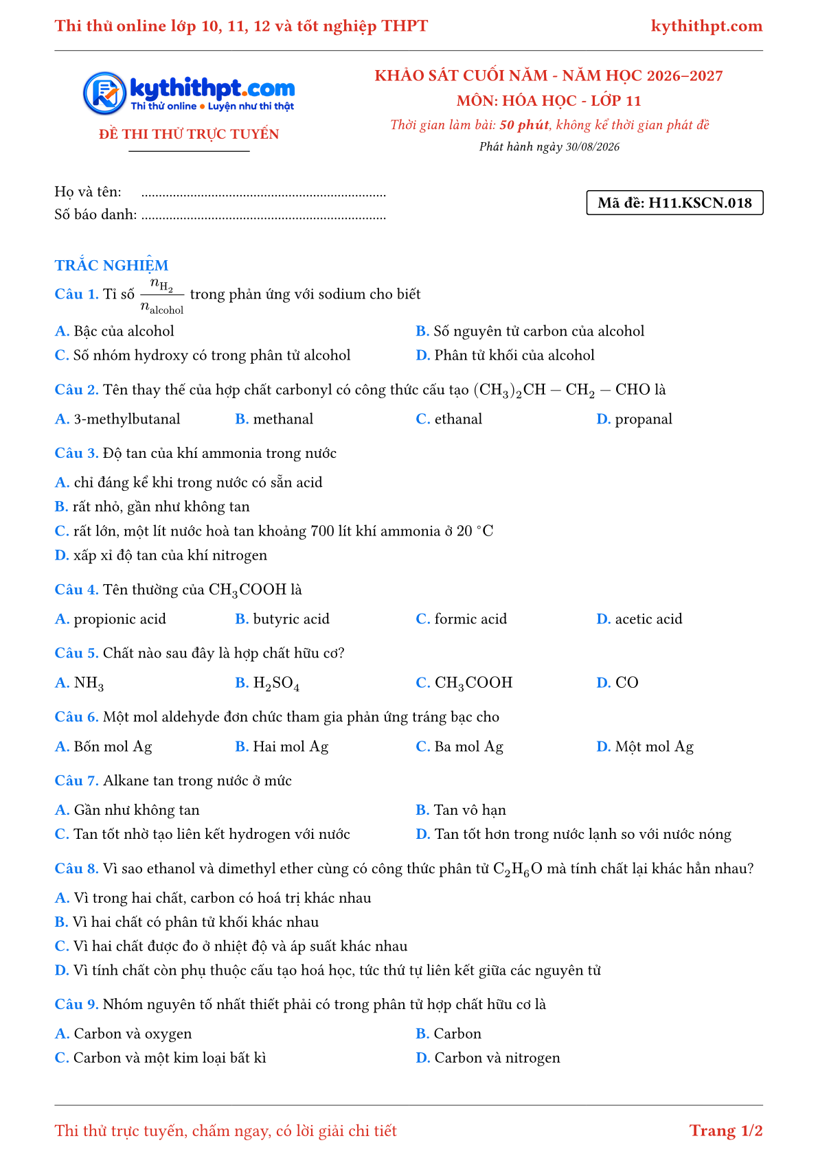 Trang đầu Đề thi thử online khảo sát cuối năm môn Hóa học lớp 11 - trắc nghiệm + trả lời ngắn - đề 018