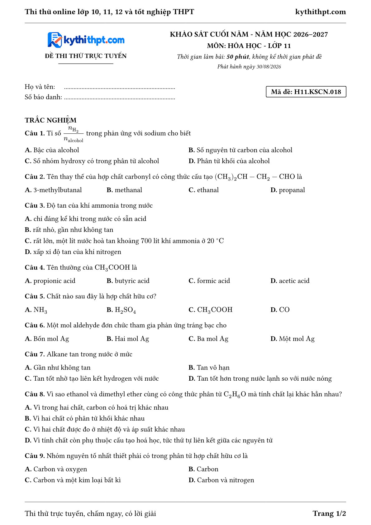 Trang đầu Đề thi thử online khảo sát cuối năm môn Hóa học lớp 11 - trắc nghiệm + trả lời ngắn - đề 018
