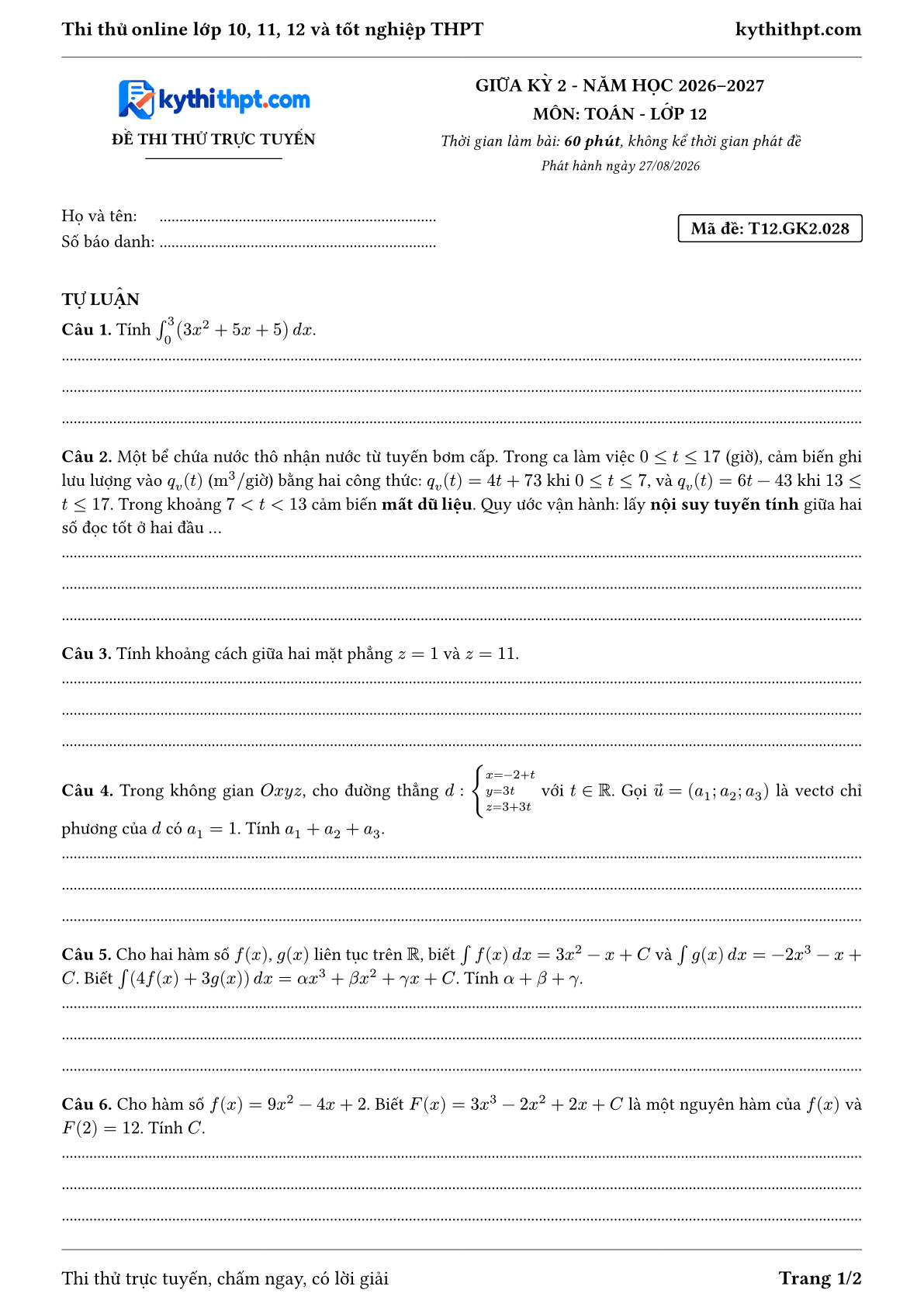 Trang đầu Đề thi thử online giữa kỳ 2 môn Toán lớp 12 - full tự luận - đề 028
