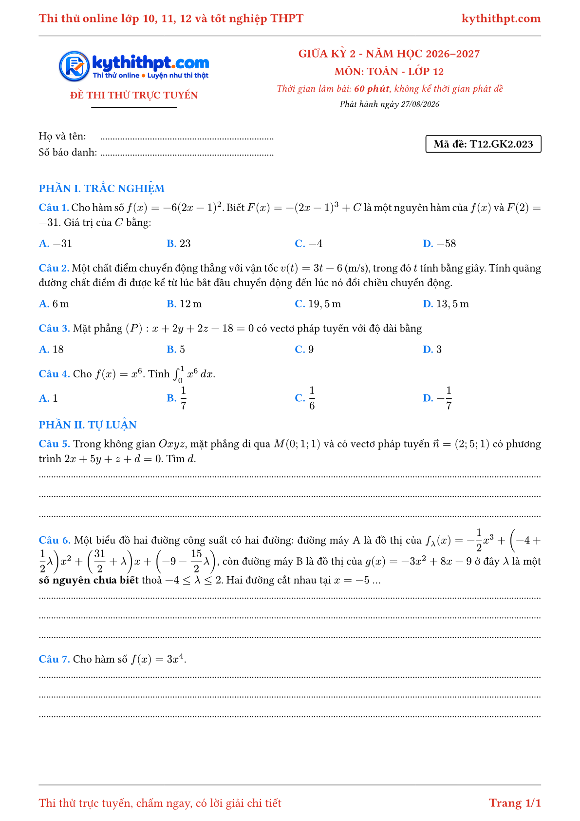 Trang đầu Đề thi thử online giữa kỳ 2 môn Toán lớp 12 - trắc nghiệm + tự luận nâng cao - đề 023