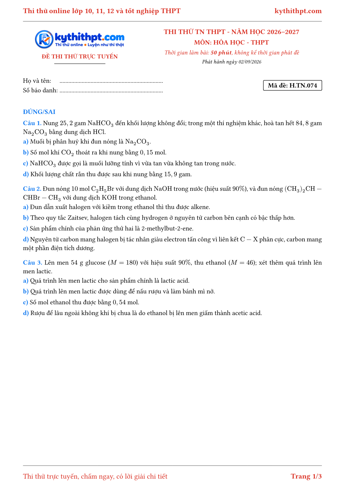 Trang đầu Đề thi thử online tốt nghiệp THPT môn Hóa học - ôn luyện đúng/sai - đề 074